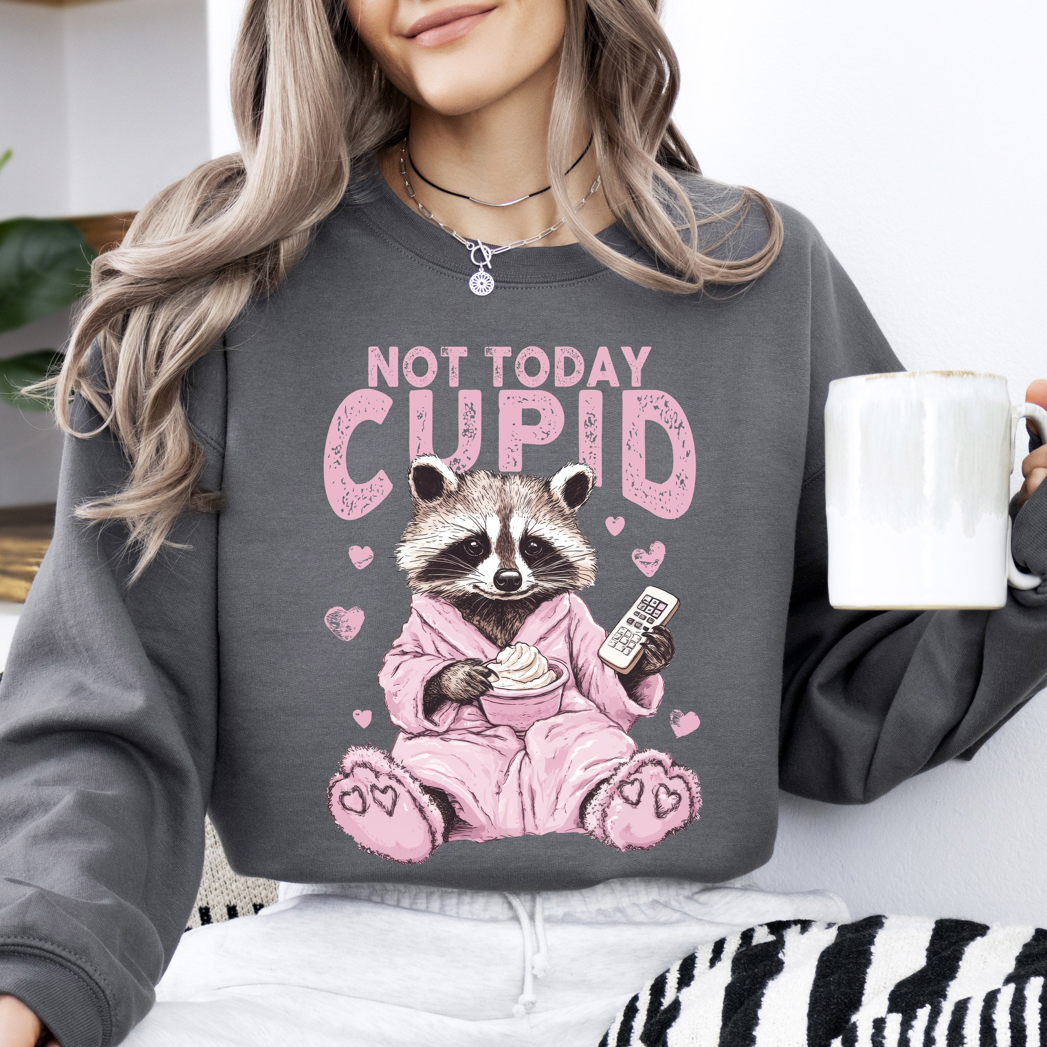 Not Today Cupid Feral Raccoon Valentine's Day Love For Pun Lovers Graphic Sweatshirt