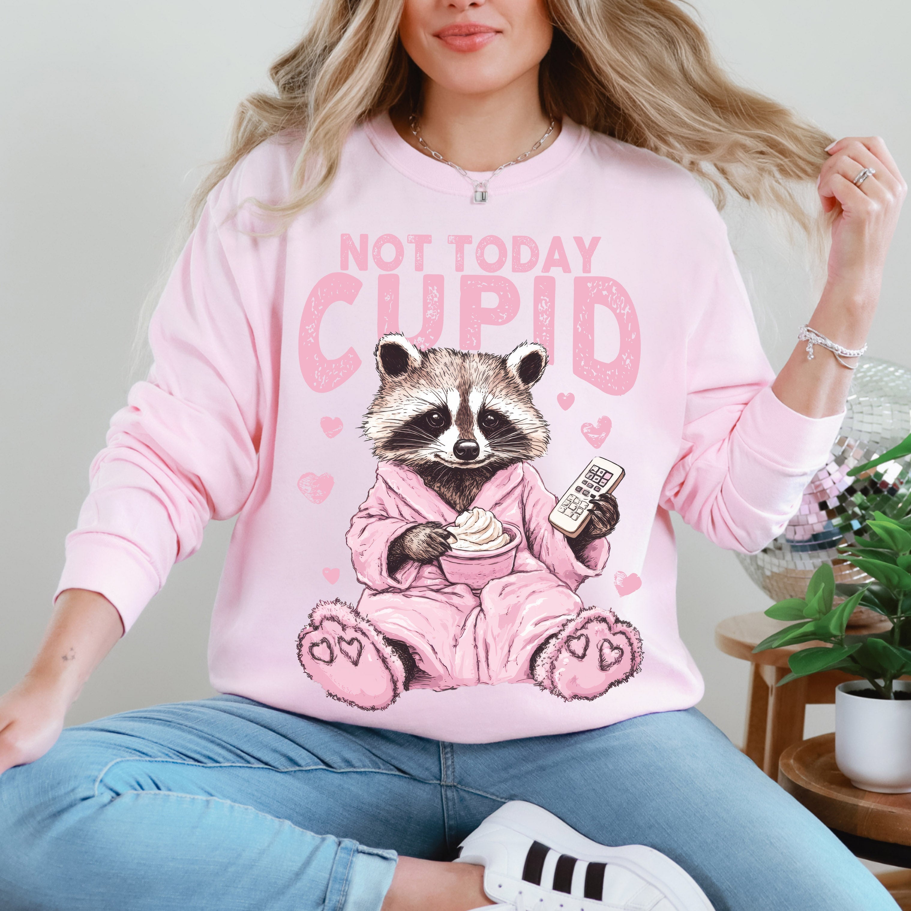 Not Today Cupid Feral Raccoon Valentine's Day Love For Pun Lovers Graphic Sweatshirt