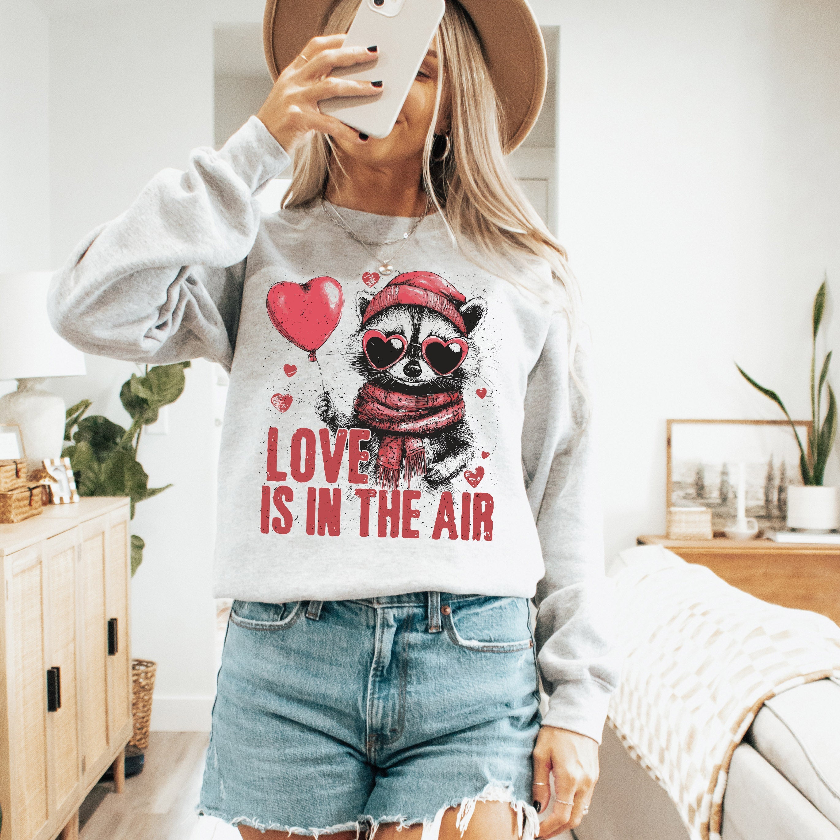 Love Is In The Air Raccoon Lover Valentine's Day Cozy Ultra Soft Warm Graphic Sweatshirt