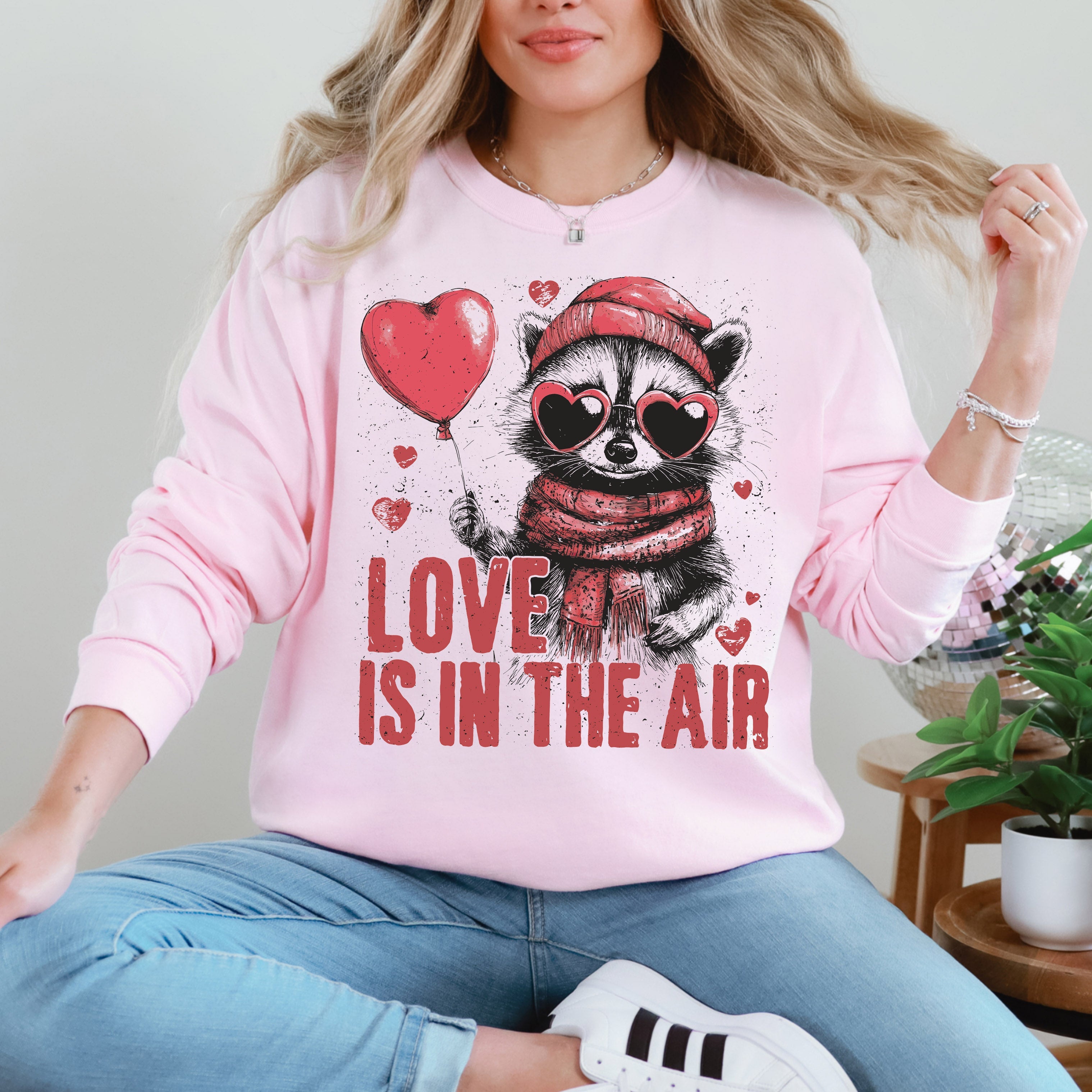 Love Is In The Air Raccoon Lover Valentine's Day Cozy Ultra Soft Warm Graphic Sweatshirt