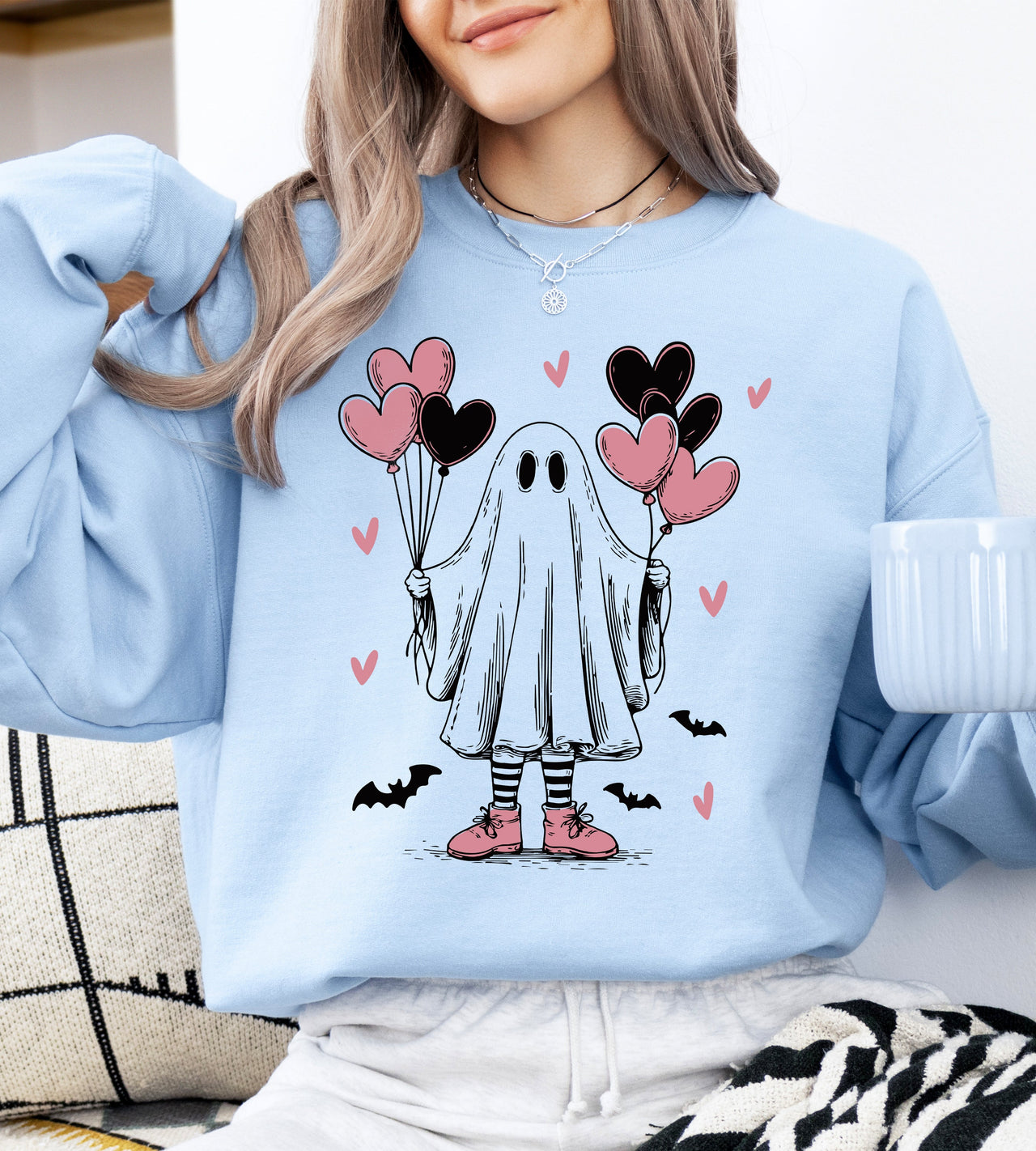 Cute Ghost Lover Hearts Valentine's Day Love Cozy Fleece Ultra Soft Graphic Sweatshirt
