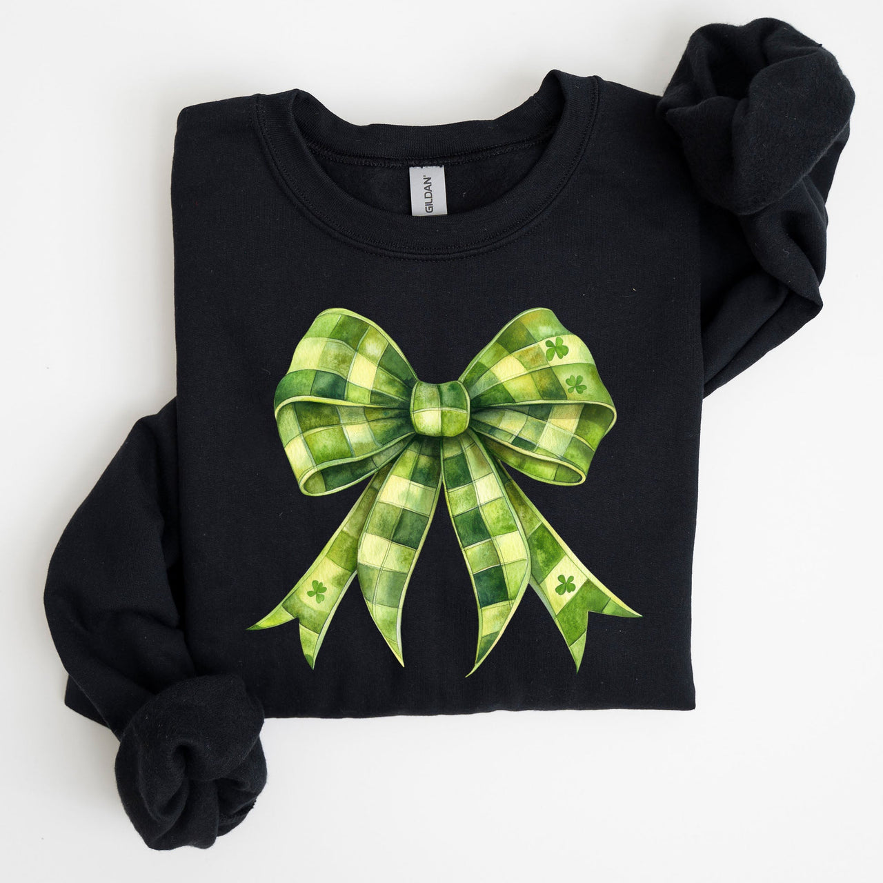 Checkered Coquette Bow Shamrock Clover Lucky Retro Irish Lucky Charm St Patrick's Day Sweatshirt
