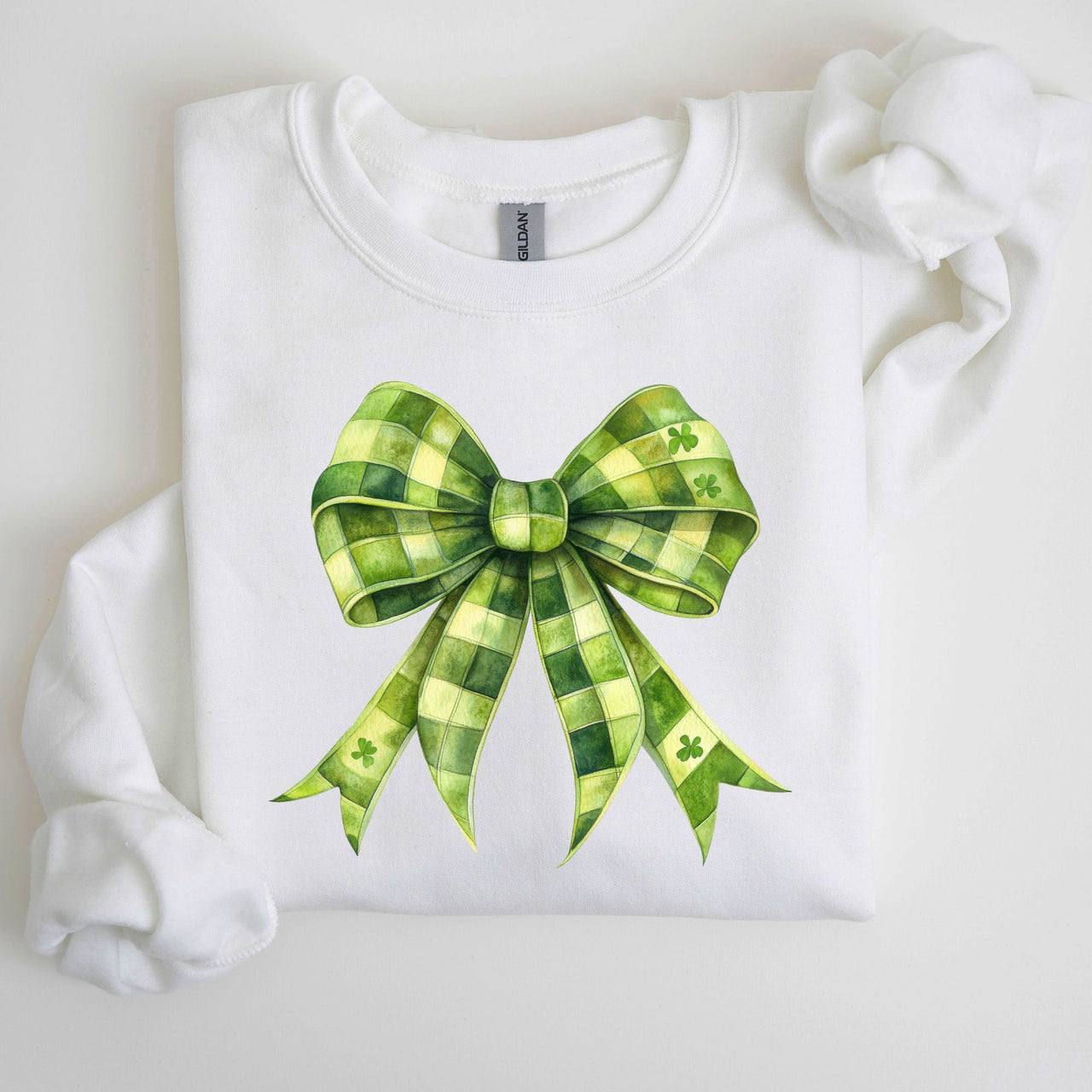 Checkered Coquette Bow Shamrock Clover Lucky Retro Irish Lucky Charm St Patrick's Day Sweatshirt