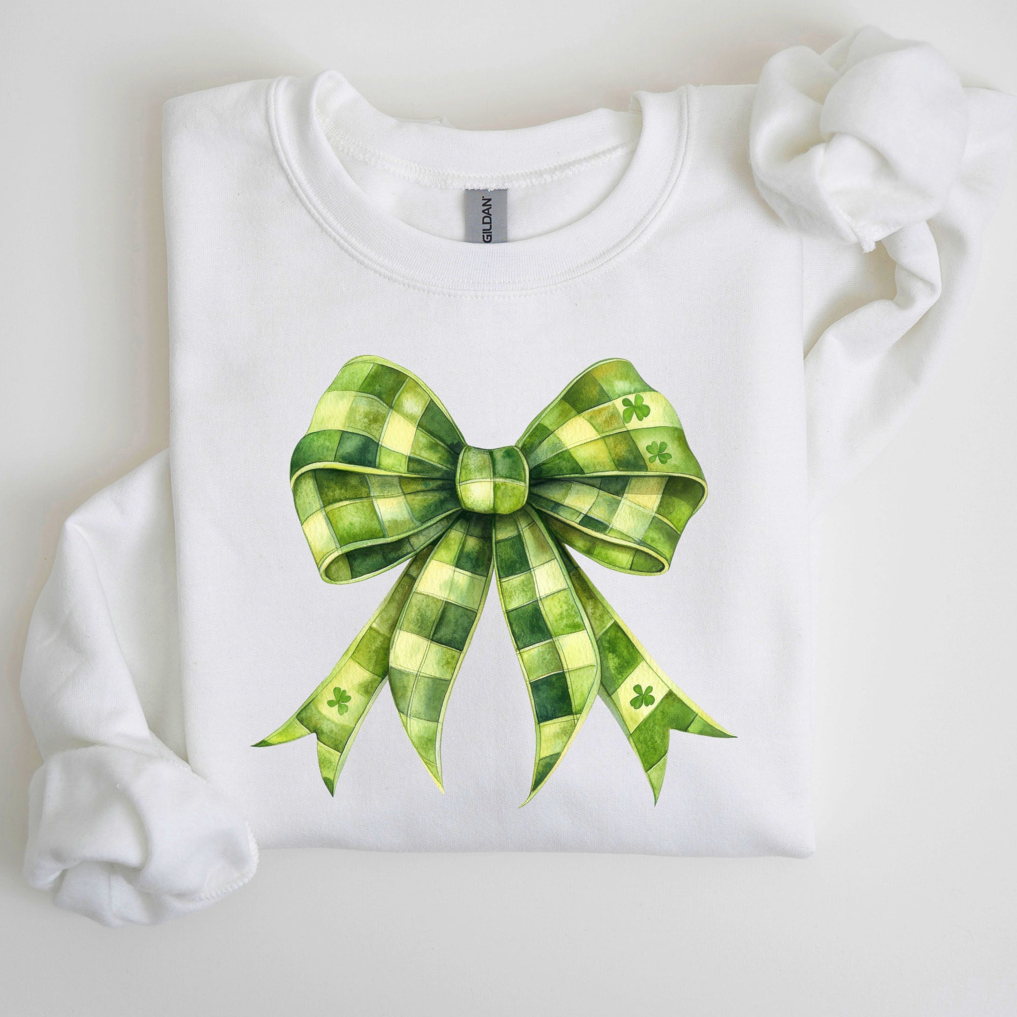 Checkered Coquette Bow Shamrock Clover Lucky Retro Irish Lucky Charm St Patrick's Day Sweatshirt