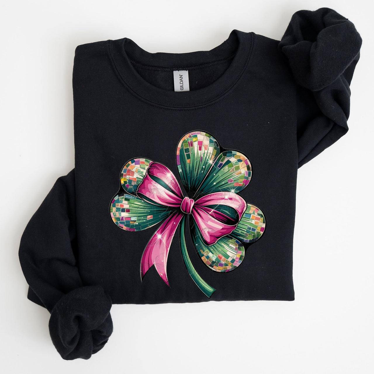 Coquette Disco Ball Bow Shamrock Clover Irish Lucky Lucky Charm St Patrick's Day Sweatshirt