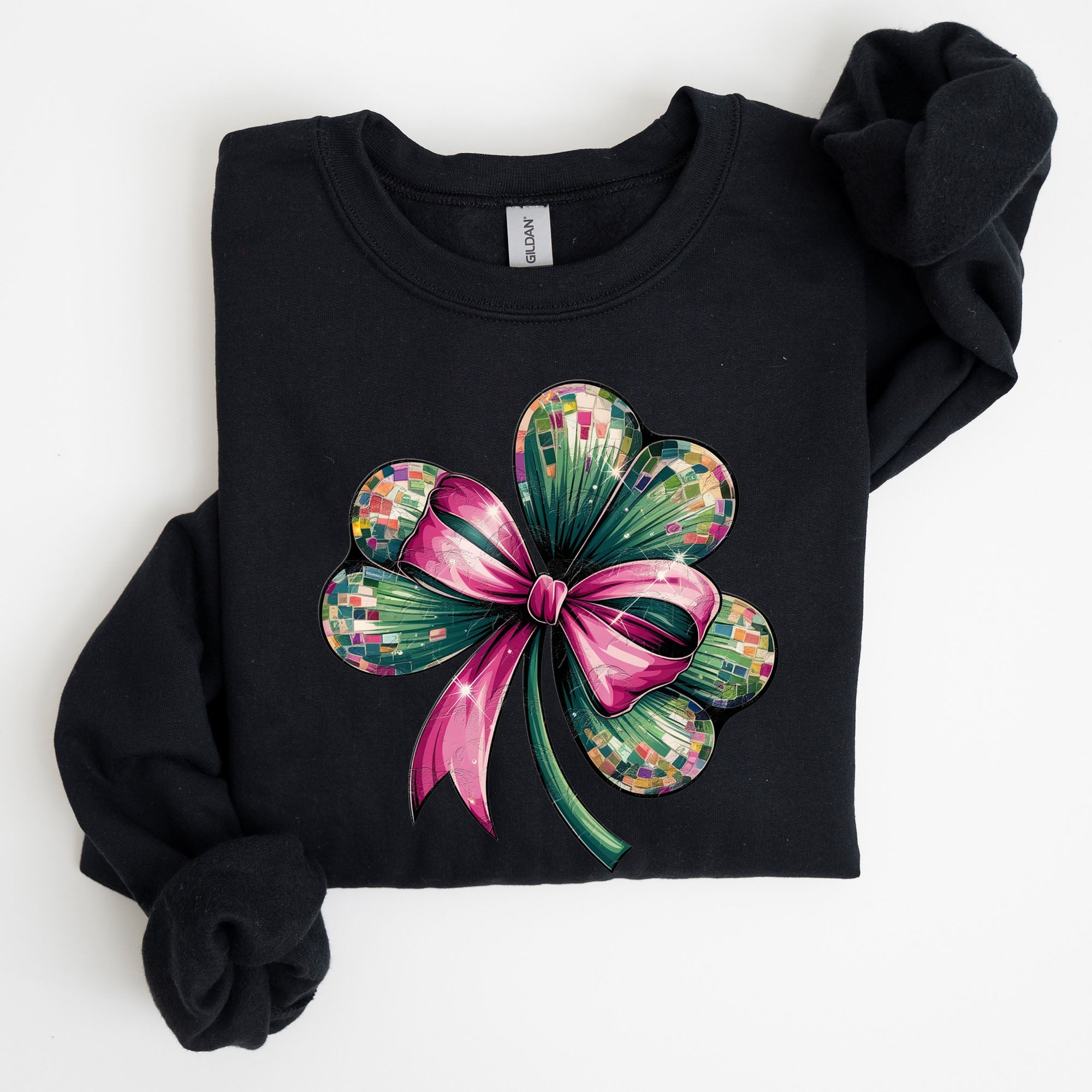 Coquette Disco Ball Bow Shamrock Clover Irish Lucky Lucky Charm St Patrick's Day Sweatshirt