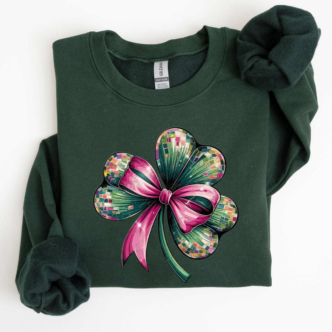 Coquette Disco Ball Bow Shamrock Clover Irish Lucky Lucky Charm St Patrick's Day Sweatshirt