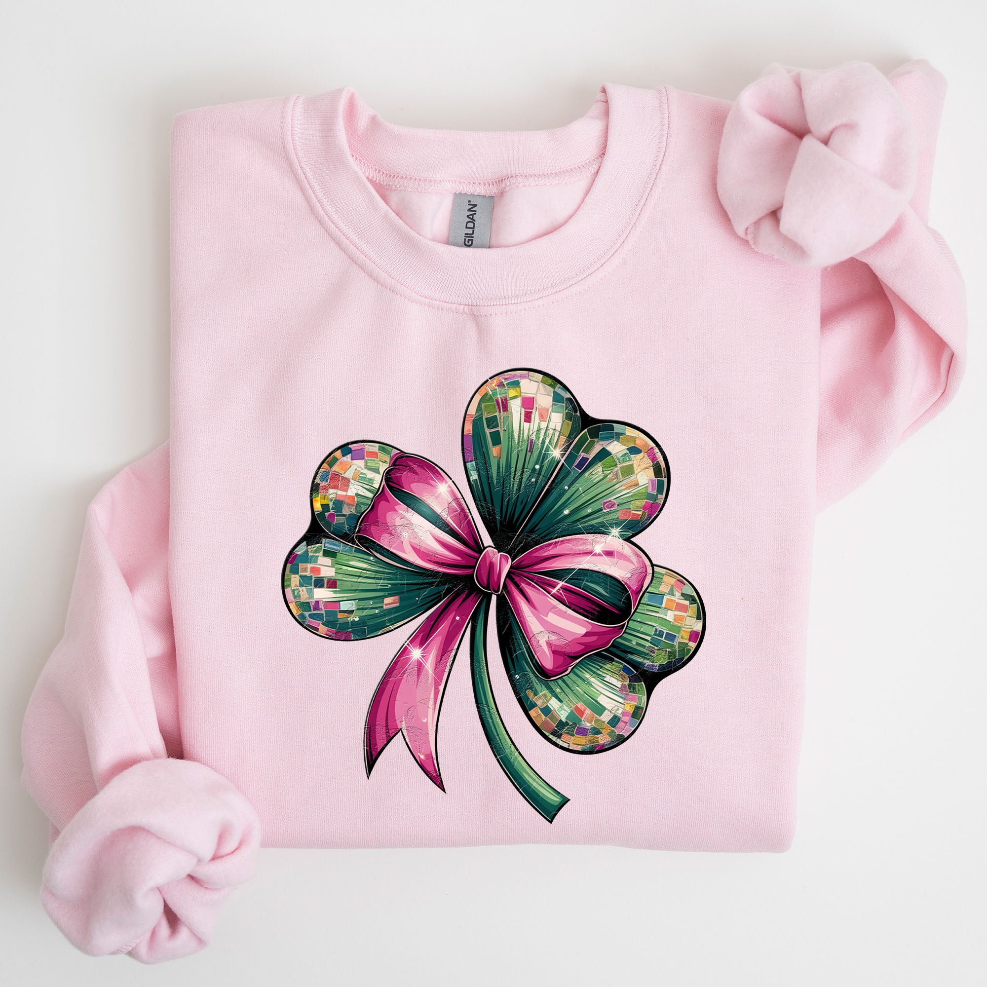 Coquette Disco Ball Bow Shamrock Clover Irish Lucky Lucky Charm St Patrick's Day Sweatshirt