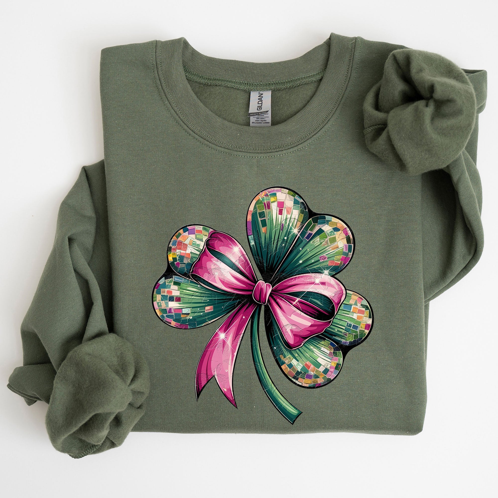 Coquette Disco Ball Bow Shamrock Clover Irish Lucky Lucky Charm St Patrick's Day Sweatshirt
