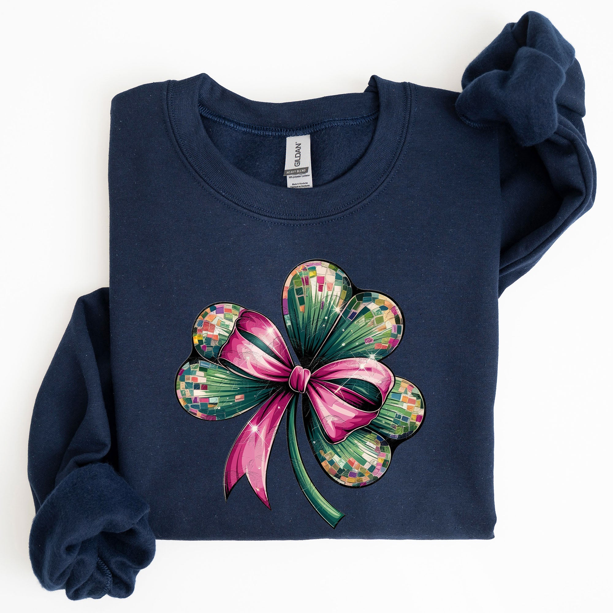 Coquette Disco Ball Bow Shamrock Clover Irish Lucky Lucky Charm St Patrick's Day Sweatshirt