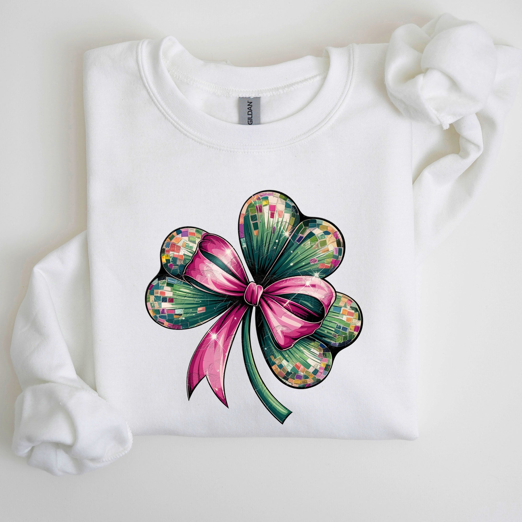 Coquette Disco Ball Bow Shamrock Clover Irish Lucky Lucky Charm St Patrick's Day Sweatshirt