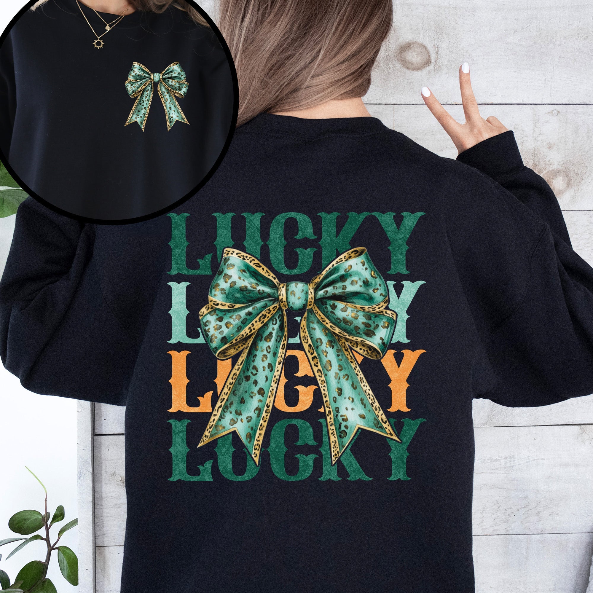 Lucky St Patrick's Day Clover Shamrock Front And Back Graphic Lucky Charm Sweatshirt