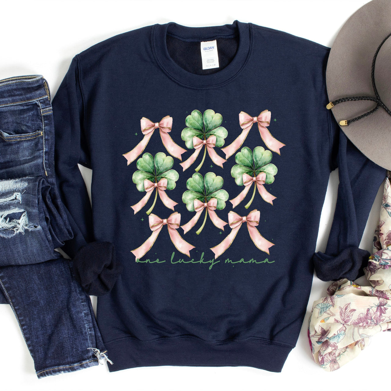 One Lucky Mama St Patrick's Day Coquette Bow Clover Shamrock Lucky Irish Lucky Charm Sweatshirt