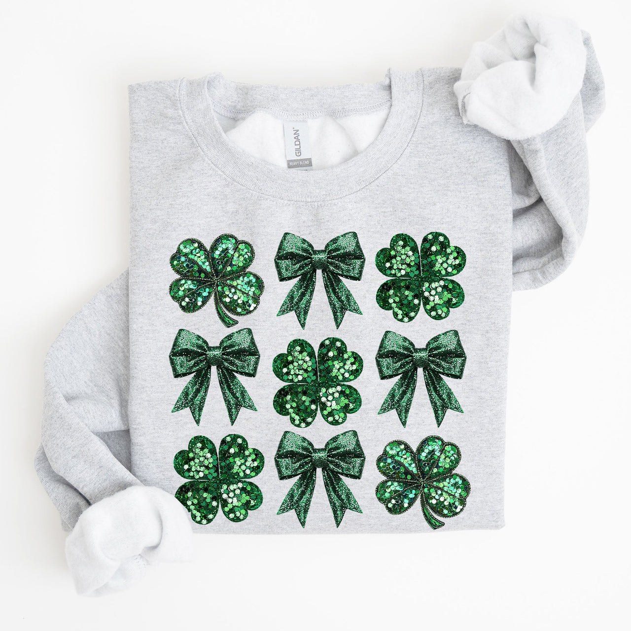 Sparkly Clover Shamrock Faux Sequins Bow Coquette Lucky Irish St Patrick's Day Sweatshirt