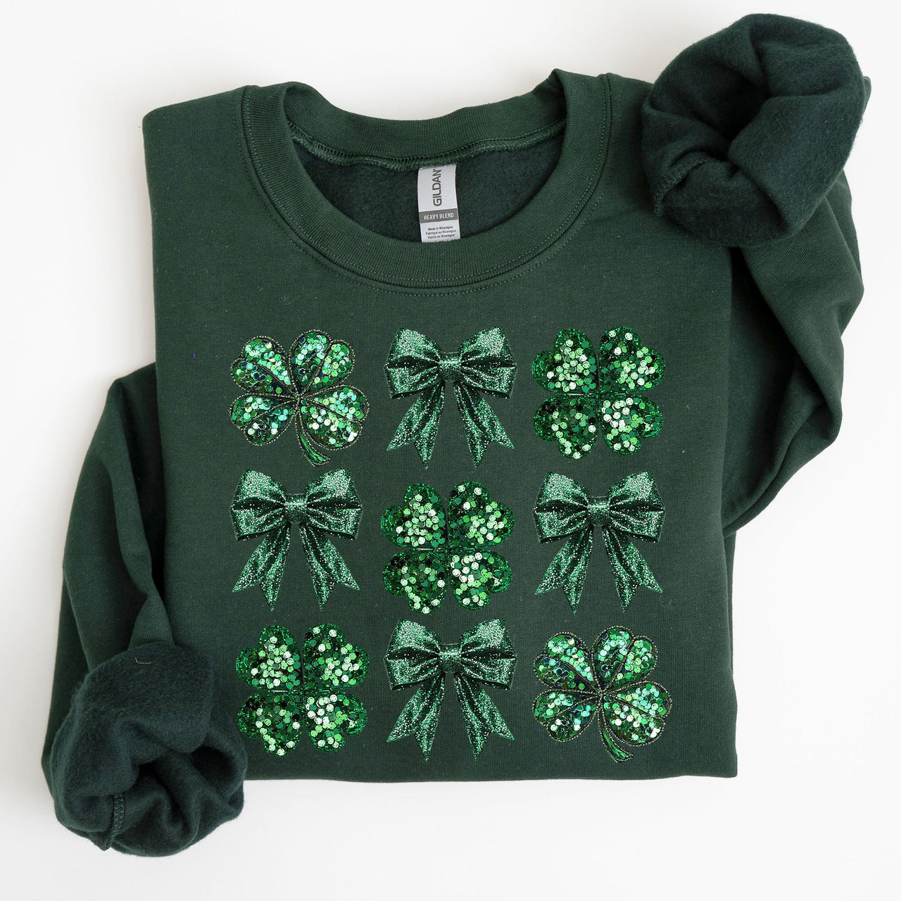Sparkly Clover Shamrock Faux Sequins Bow Coquette Lucky Irish St Patrick's Day Sweatshirt