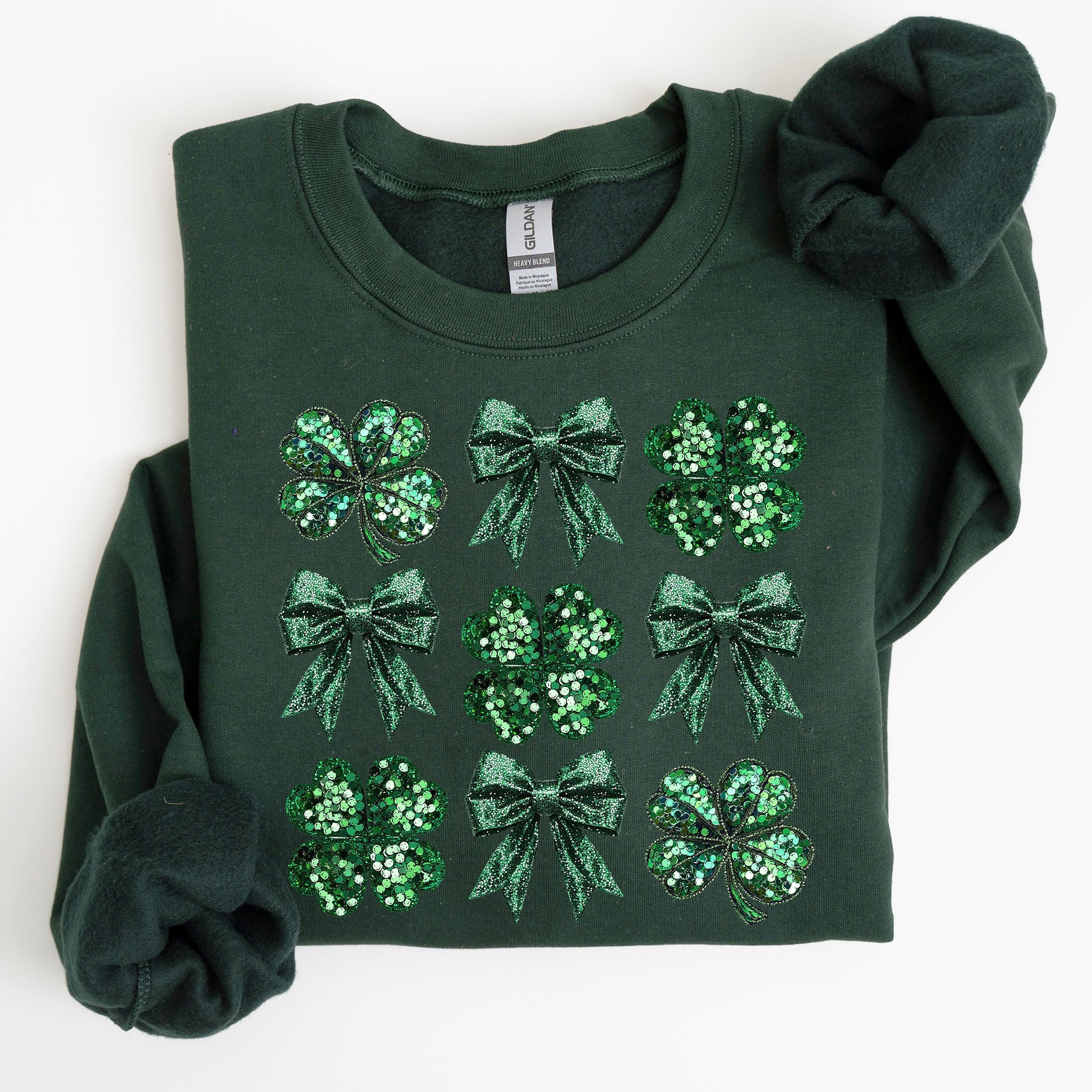 Sparkly Clover Shamrock Faux Sequins Bow Coquette Lucky Irish St Patrick's Day Sweatshirt