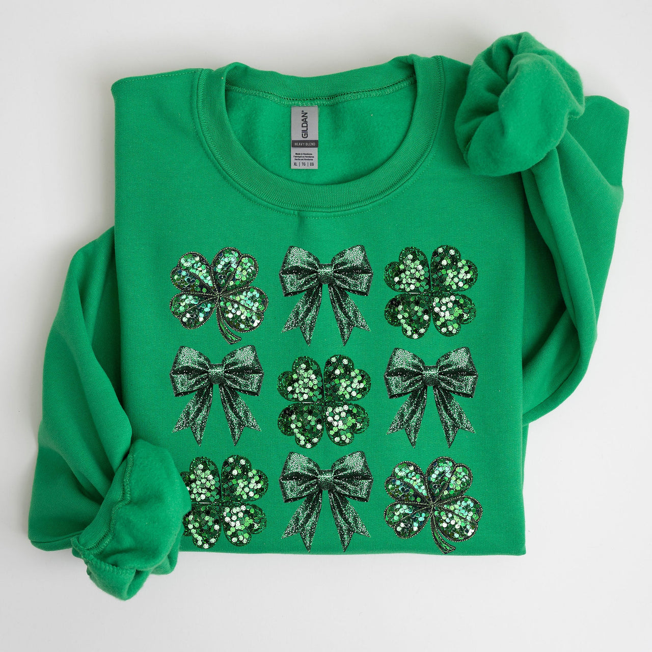 Sparkly Clover Shamrock Faux Sequins Bow Coquette Lucky Irish St Patrick's Day Sweatshirt
