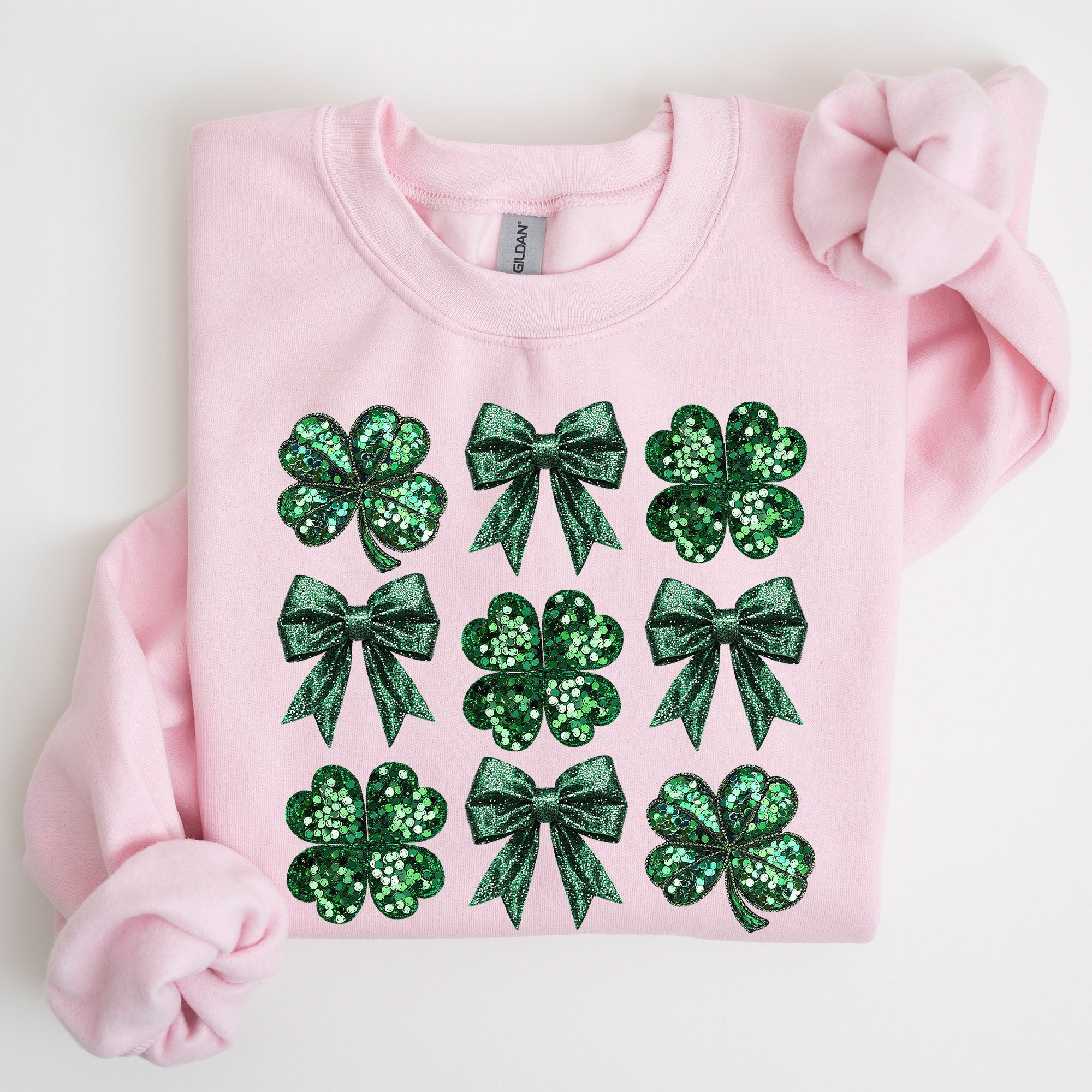 Sparkly Clover Shamrock Faux Sequins Bow Coquette Lucky Irish St Patrick's Day Sweatshirt