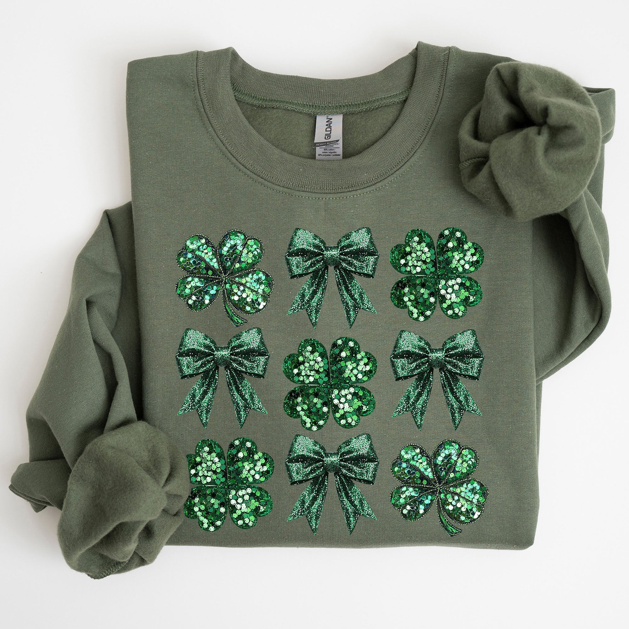 Sparkly Clover Shamrock Faux Sequins Bow Coquette Lucky Irish St Patrick's Day Sweatshirt