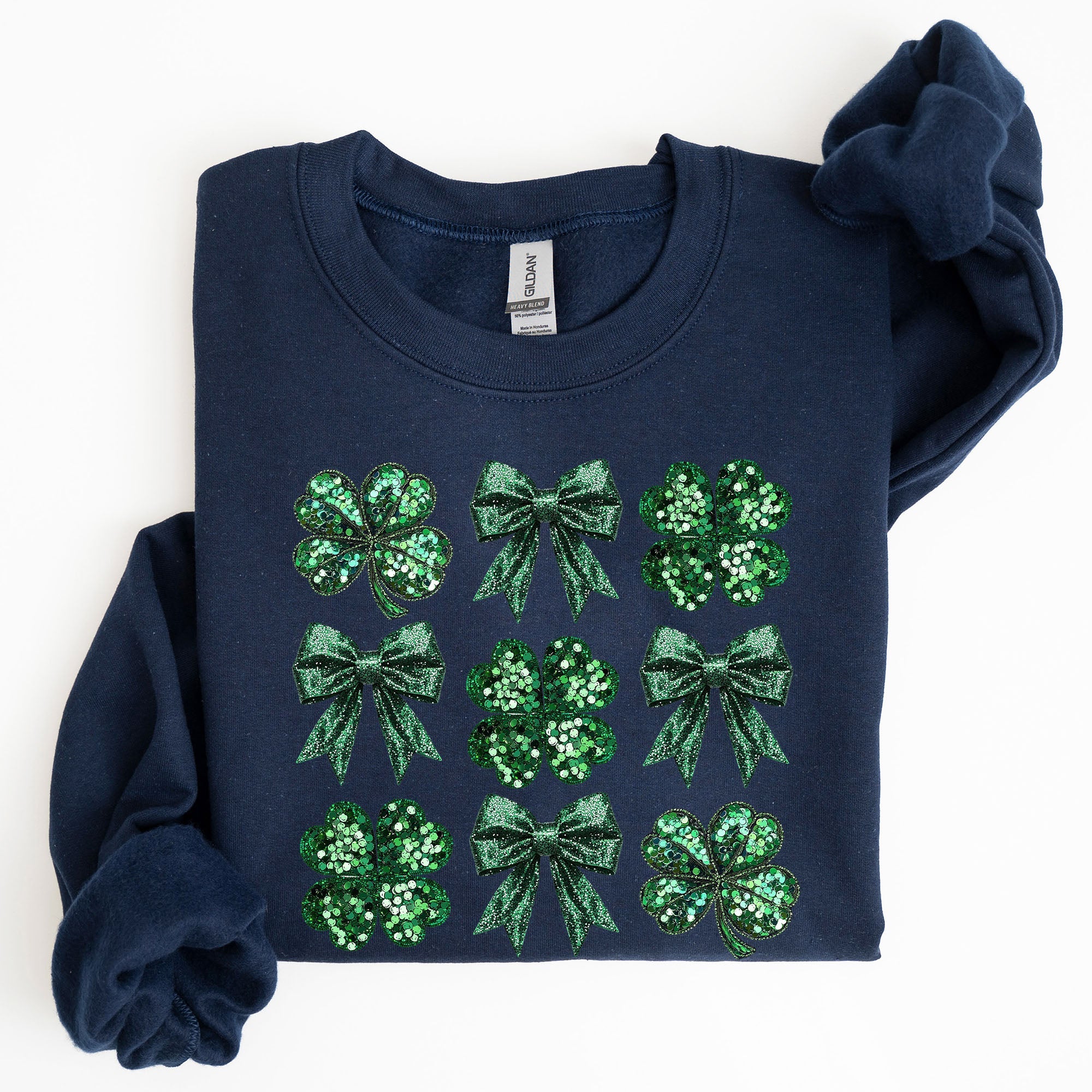 Sparkly Clover Shamrock Faux Sequins Bow Coquette Lucky Irish St Patrick's Day Sweatshirt