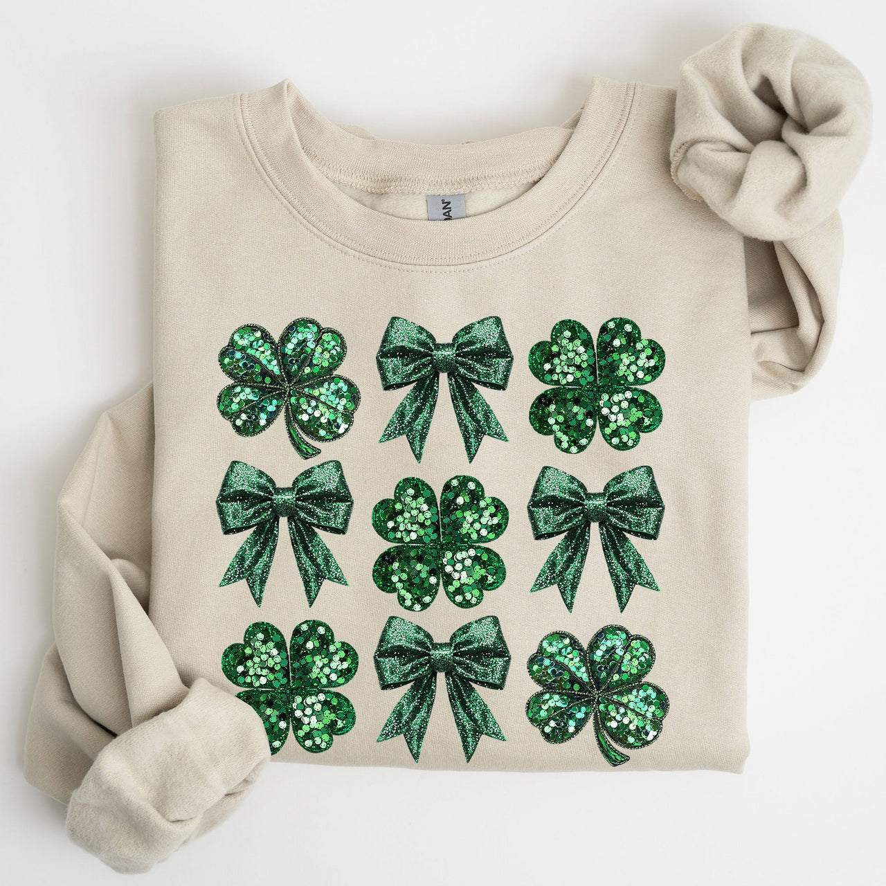 Sparkly Clover Shamrock Faux Sequins Bow Coquette Lucky Irish St Patrick's Day Sweatshirt