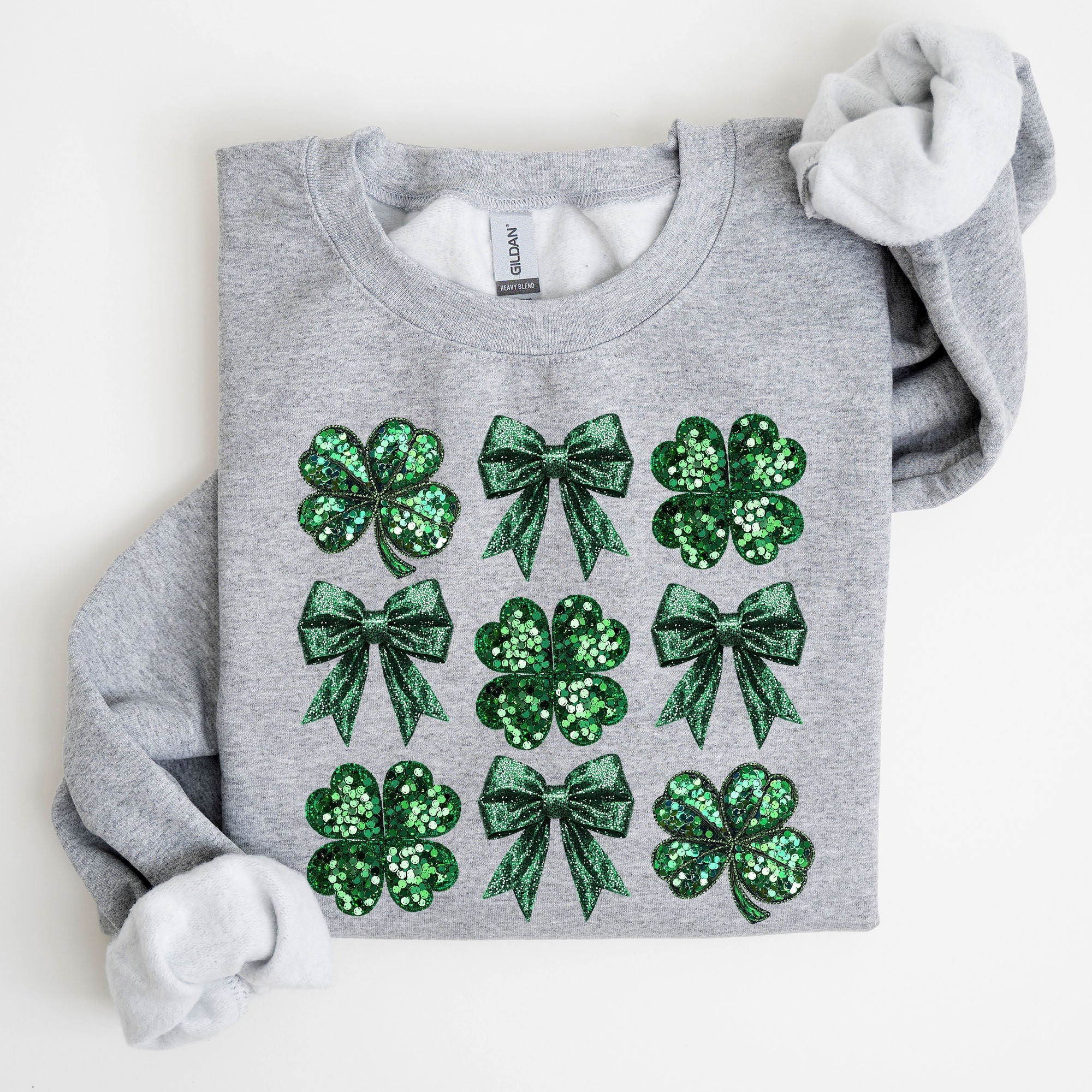 Sparkly Clover Shamrock Faux Sequins Bow Coquette Lucky Irish St Patrick's Day Sweatshirt