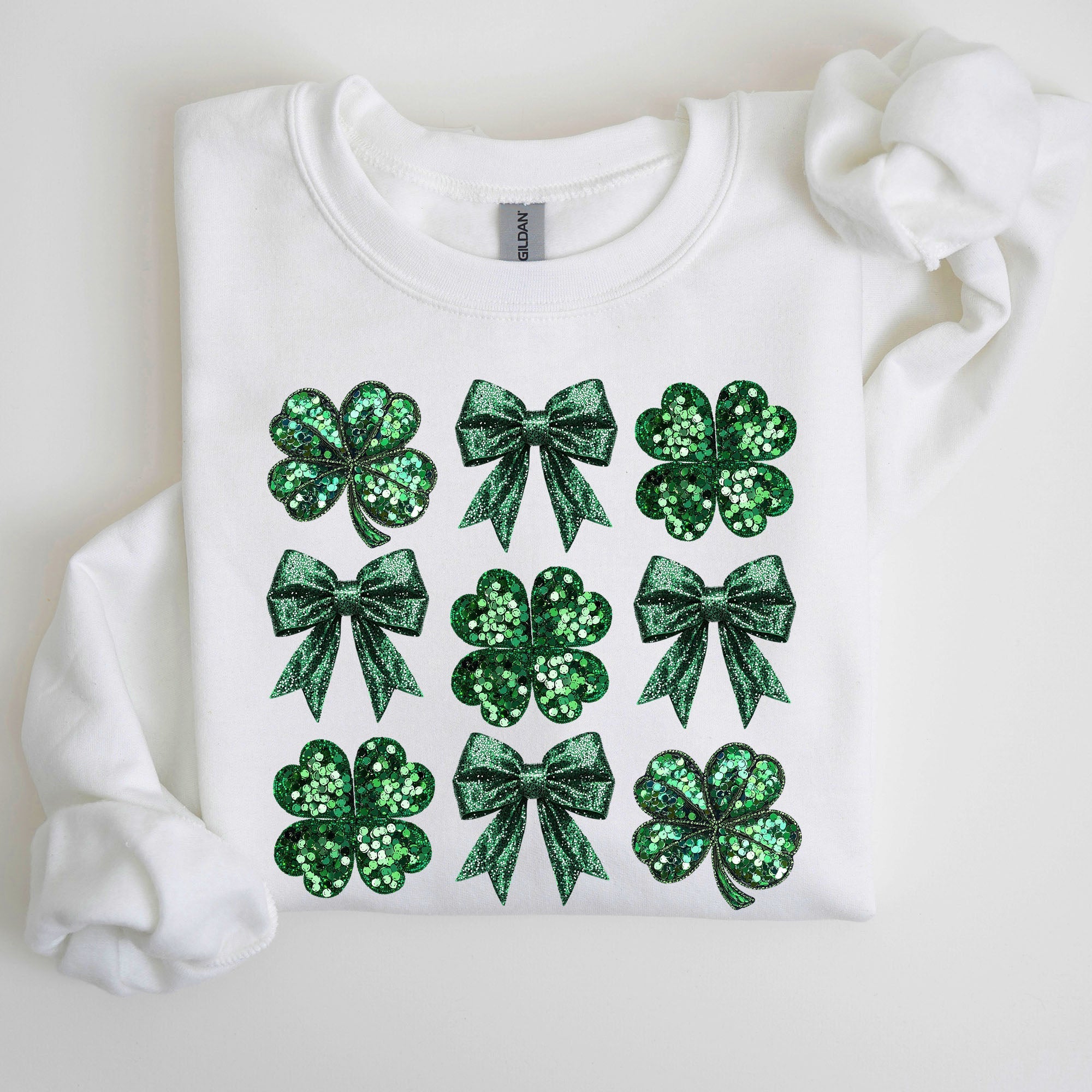 Sparkly Clover Shamrock Faux Sequins Bow Coquette Lucky Irish St Patrick's Day Sweatshirt