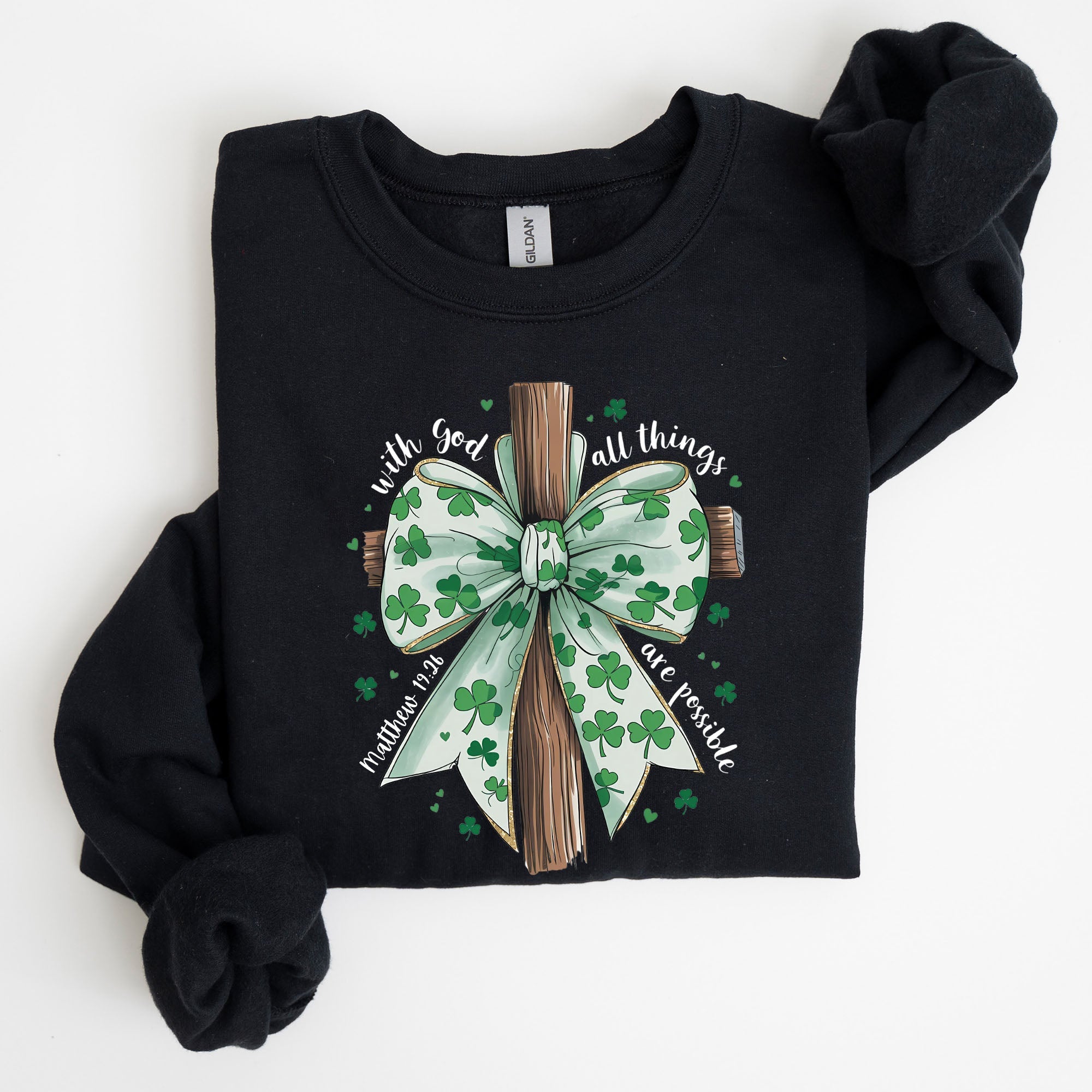 All Things Are Possible Matthew 19:26 Christian Coquette Bow Shamrock Lucky Irish Retro St Patrick's Day Sweatshirt