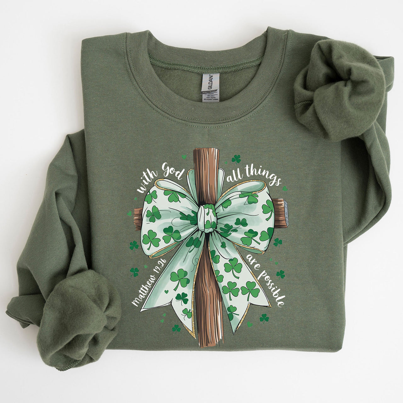 All Things Are Possible Matthew 19:26 Christian Coquette Bow Shamrock Lucky Irish Retro St Patrick's Day Sweatshirt