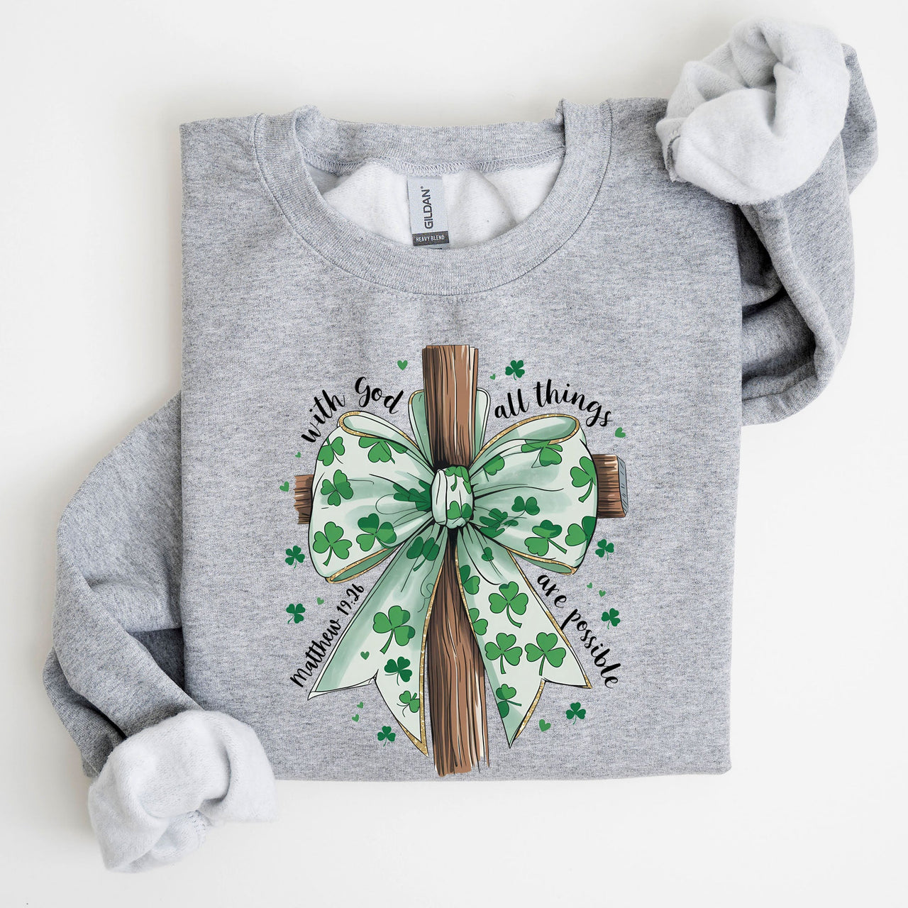 All Things Are Possible Matthew 19:26 Christian Coquette Bow Shamrock Lucky Irish Retro St Patrick's Day Sweatshirt