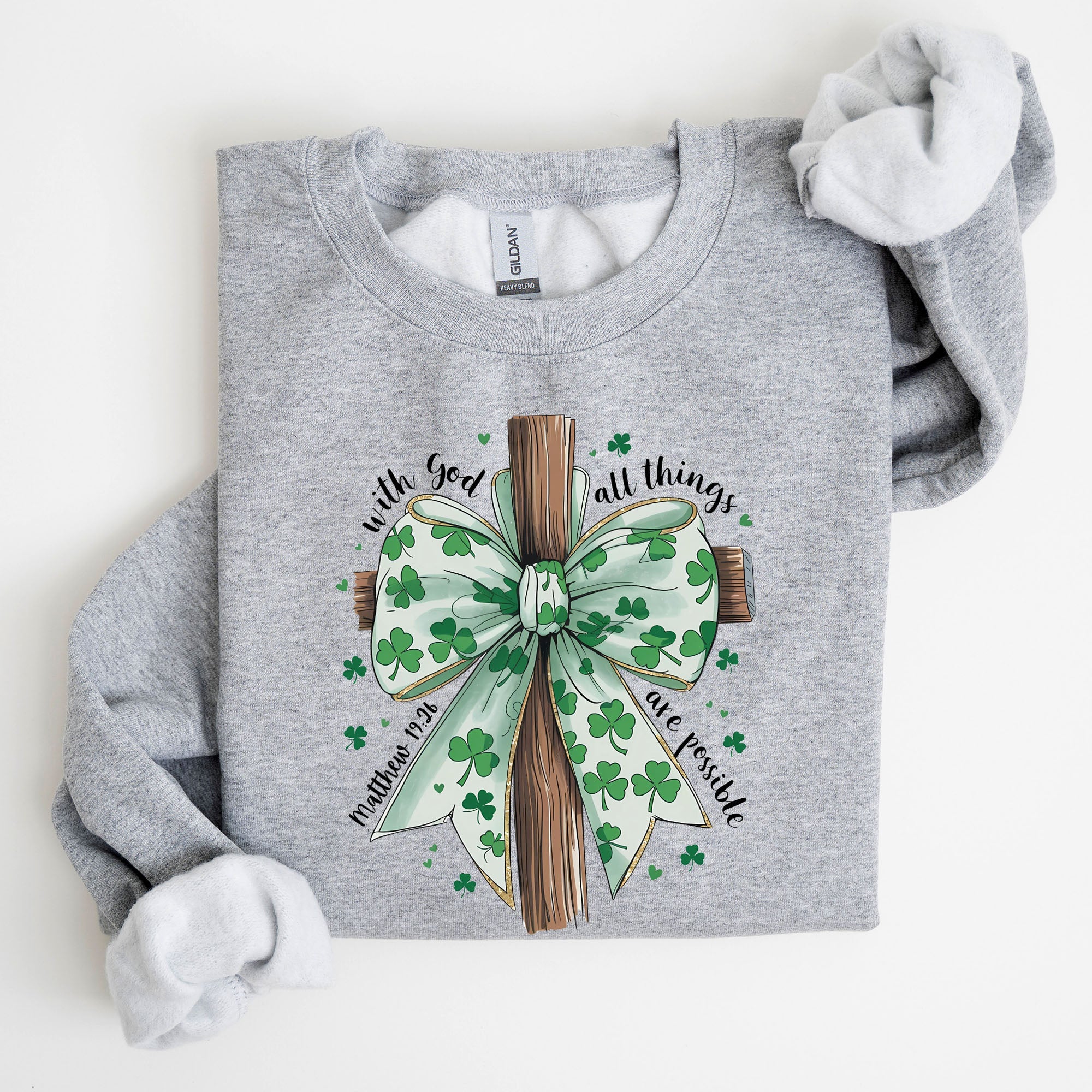 All Things Are Possible Matthew 19:26 Christian Coquette Bow Shamrock Lucky Irish Retro St Patrick's Day Sweatshirt