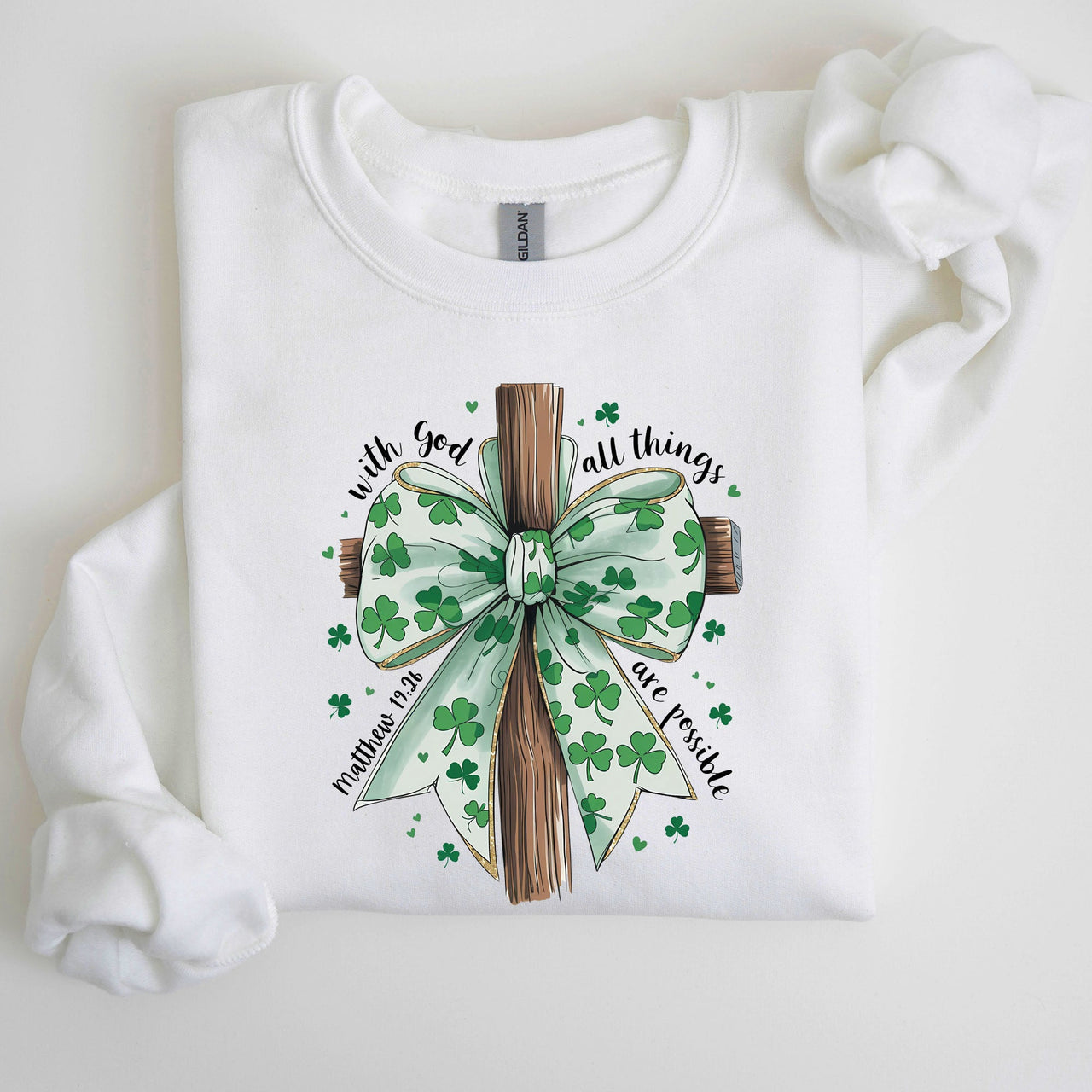 All Things Are Possible Matthew 19:26 Christian Coquette Bow Shamrock Lucky Irish Retro St Patrick's Day Sweatshirt