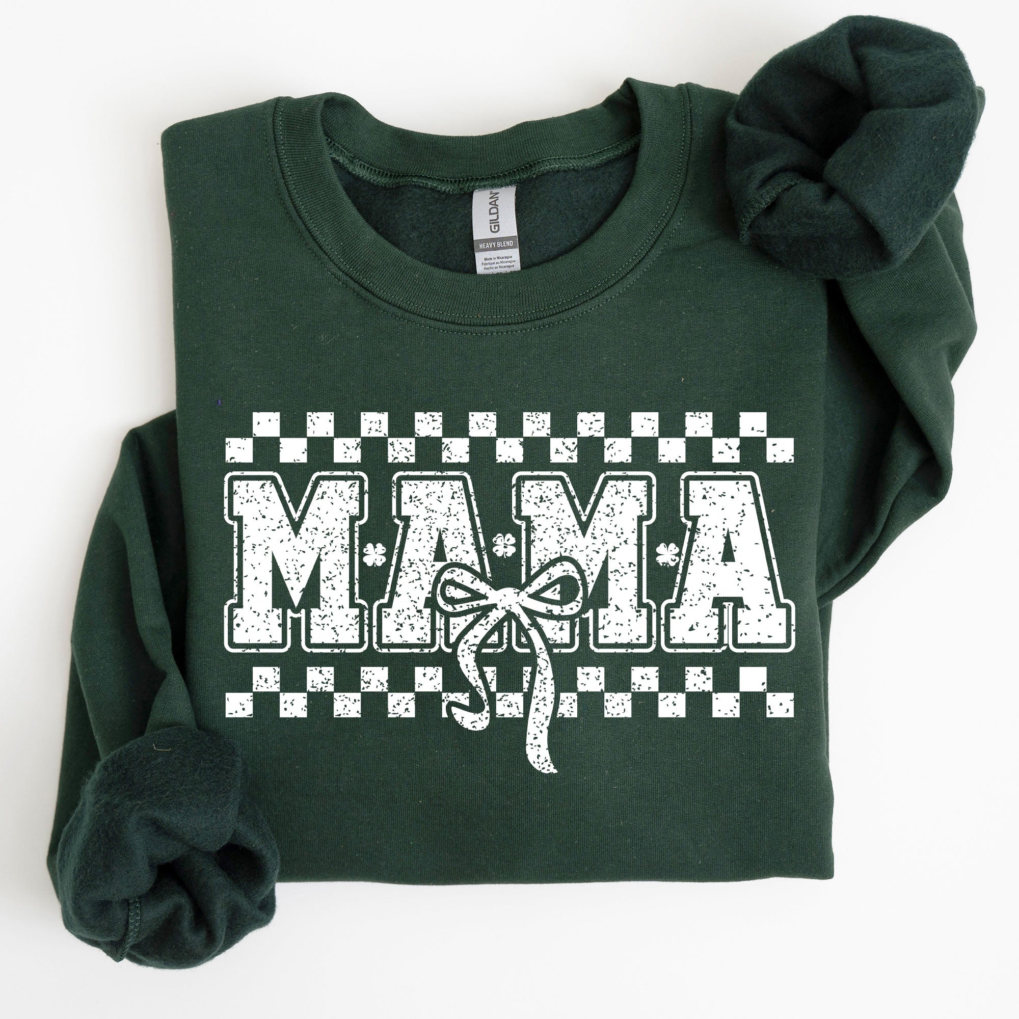 Mama Checkered Bow Coquette Lucky Charm Shamrock Irish Retro St Patrick's Day Sweatshirt
