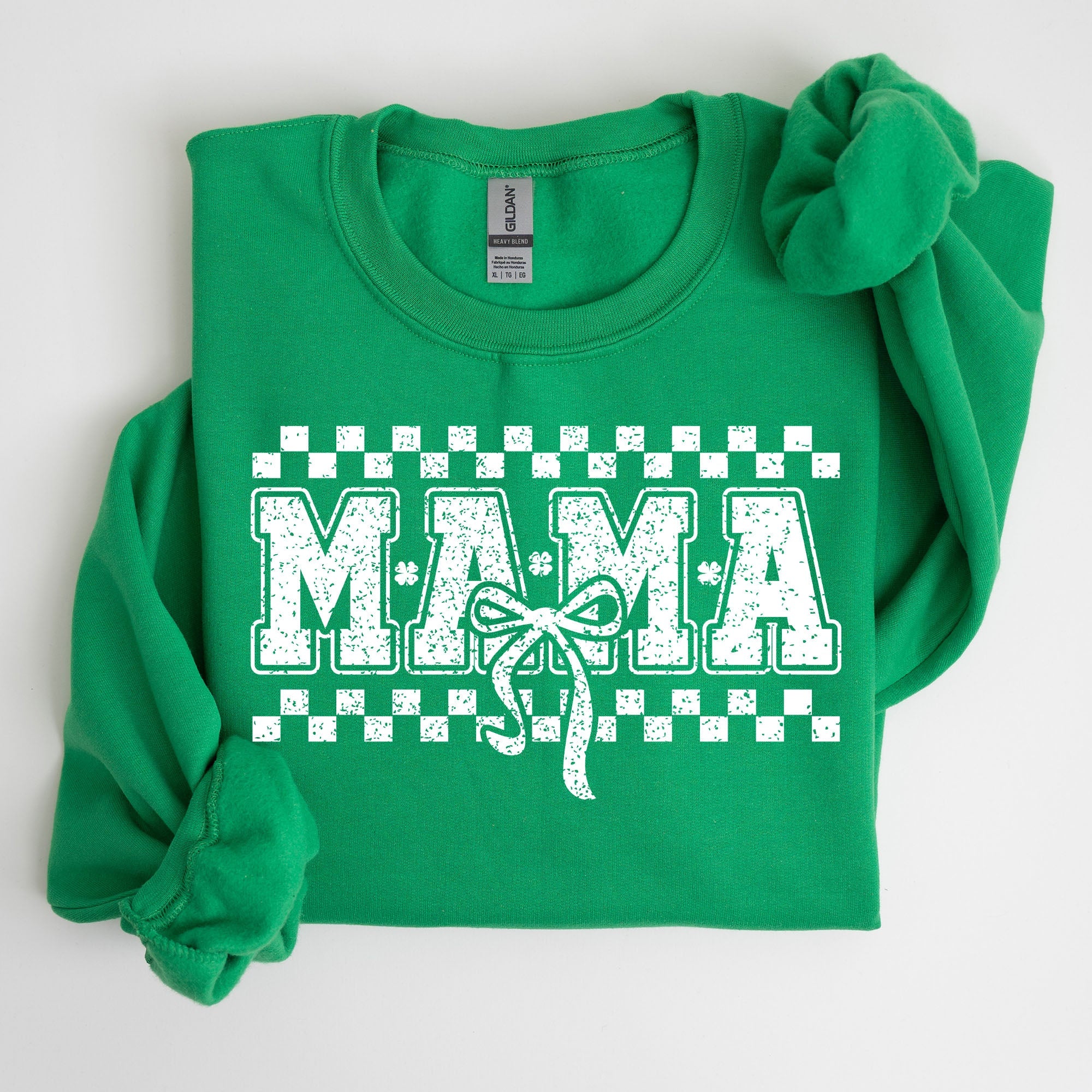 Mama Checkered Bow Coquette Lucky Charm Shamrock Irish Retro St Patrick's Day Sweatshirt