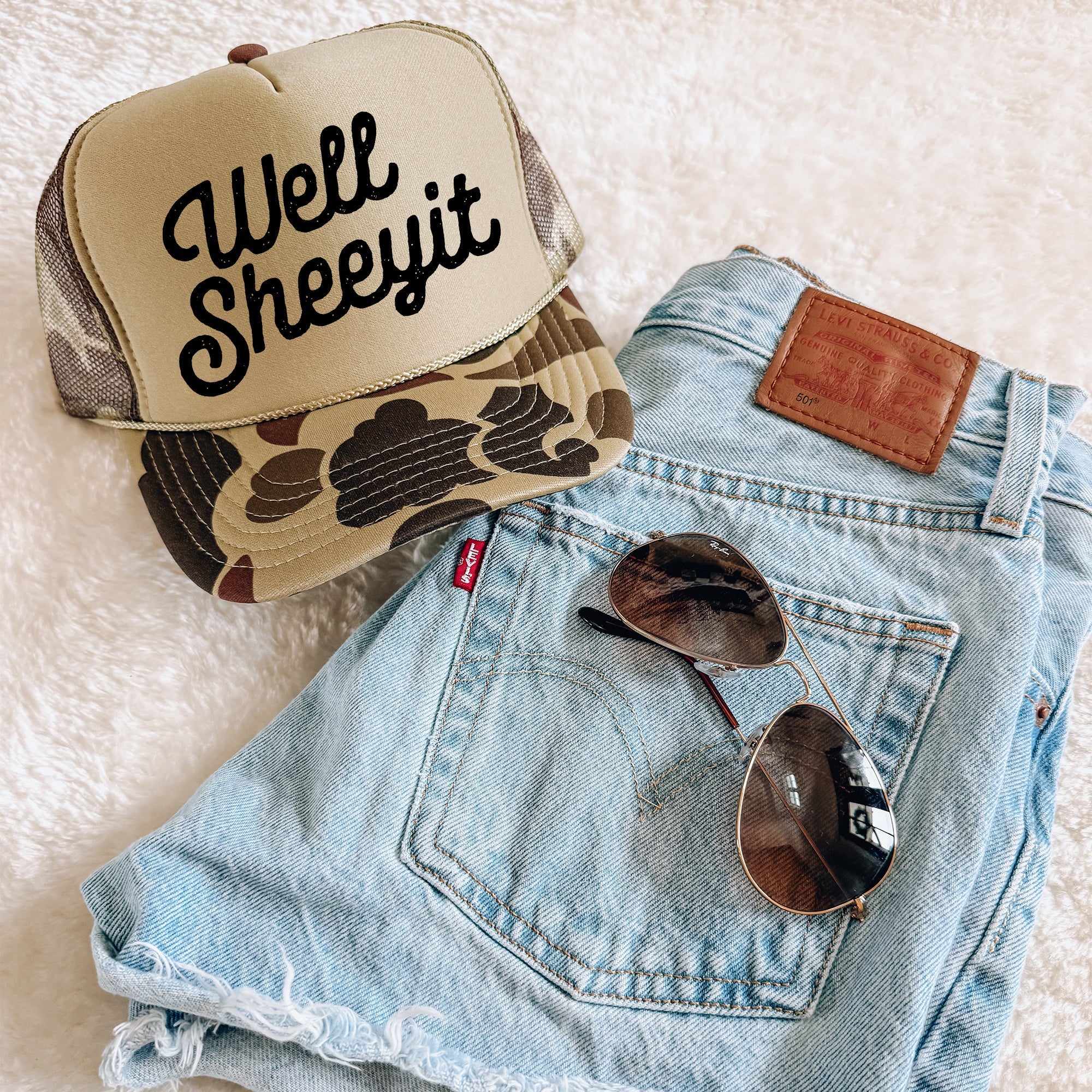 Well Sheeyit Camo Vintage Edition Hand Drawn Typography Statement On Camouflage Trucker Hat