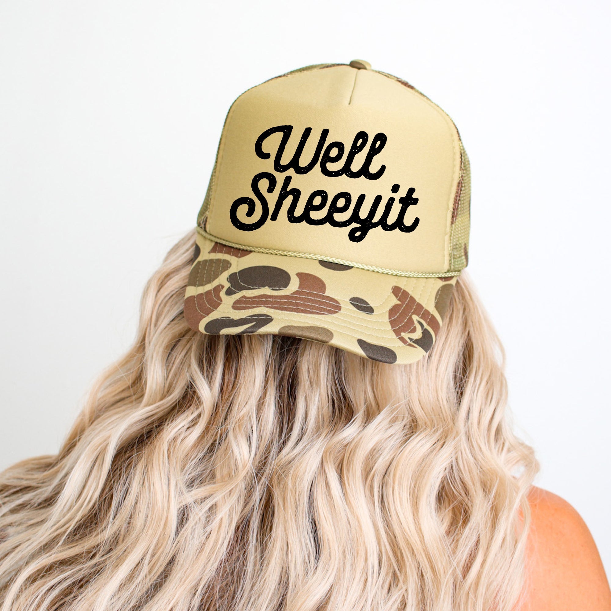 Well Sheeyit Camo Vintage Edition Hand Drawn Typography Statement On Camouflage Trucker Hat