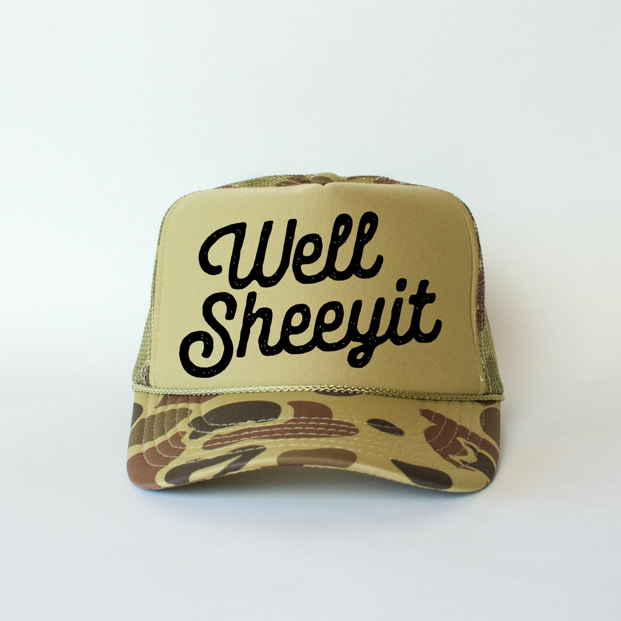 Well Sheeyit Camo Vintage Edition Hand Drawn Typography Statement On Camouflage Trucker Hat