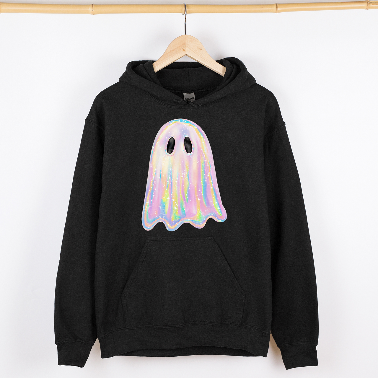 Shimmering Ghost Iridescent Boo Halloween Vintage Vibe Graphic Hooded Sweatshirt