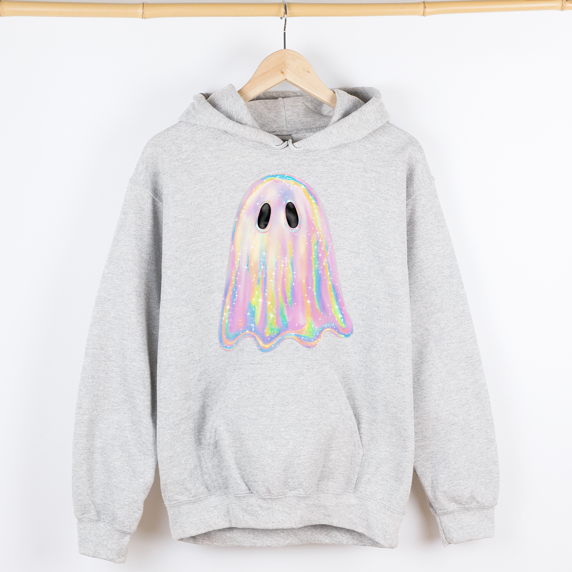 Shimmering Ghost Iridescent Boo Halloween Vintage Vibe Graphic Hooded Sweatshirt