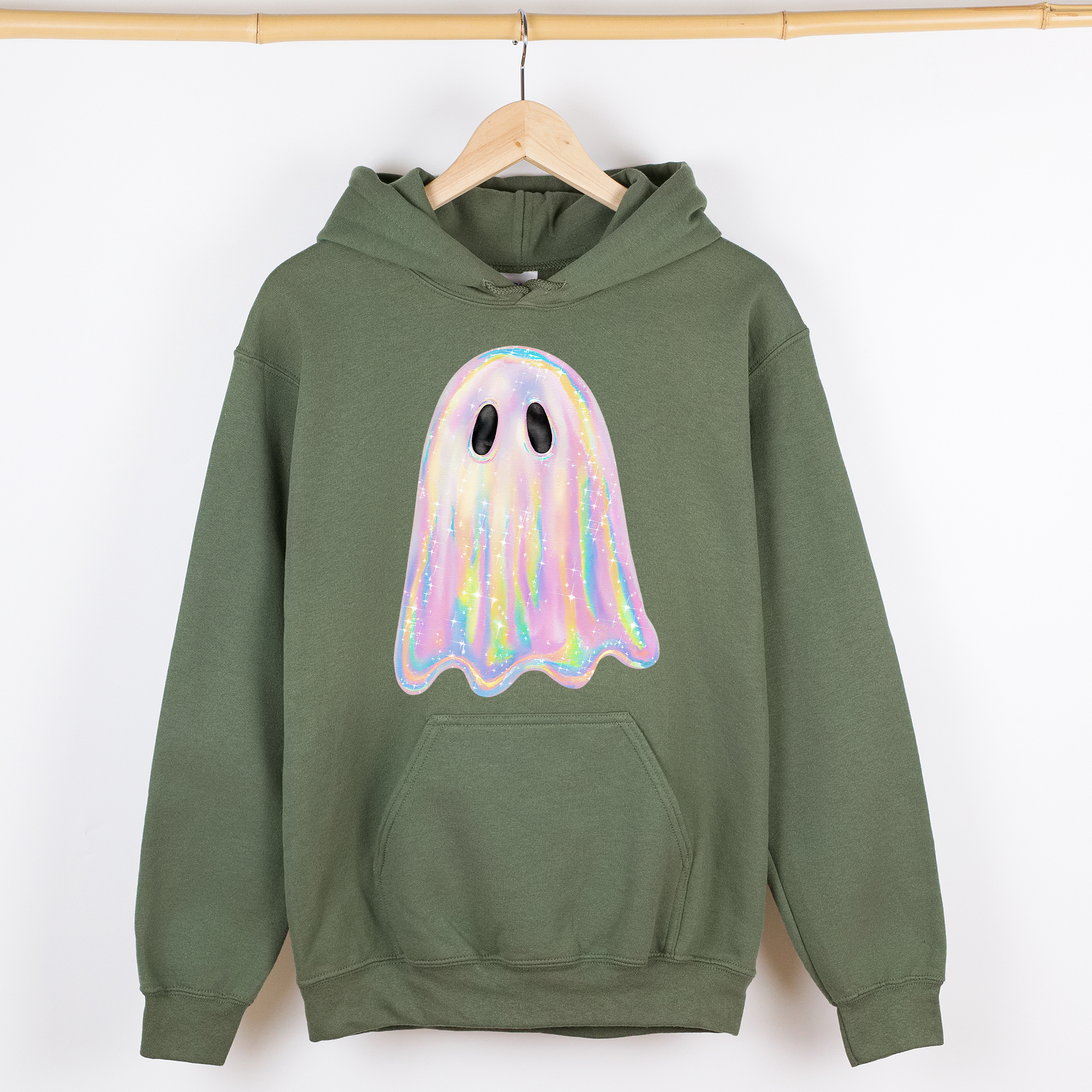 Shimmering Ghost Iridescent Boo Halloween Vintage Vibe Graphic Hooded Sweatshirt