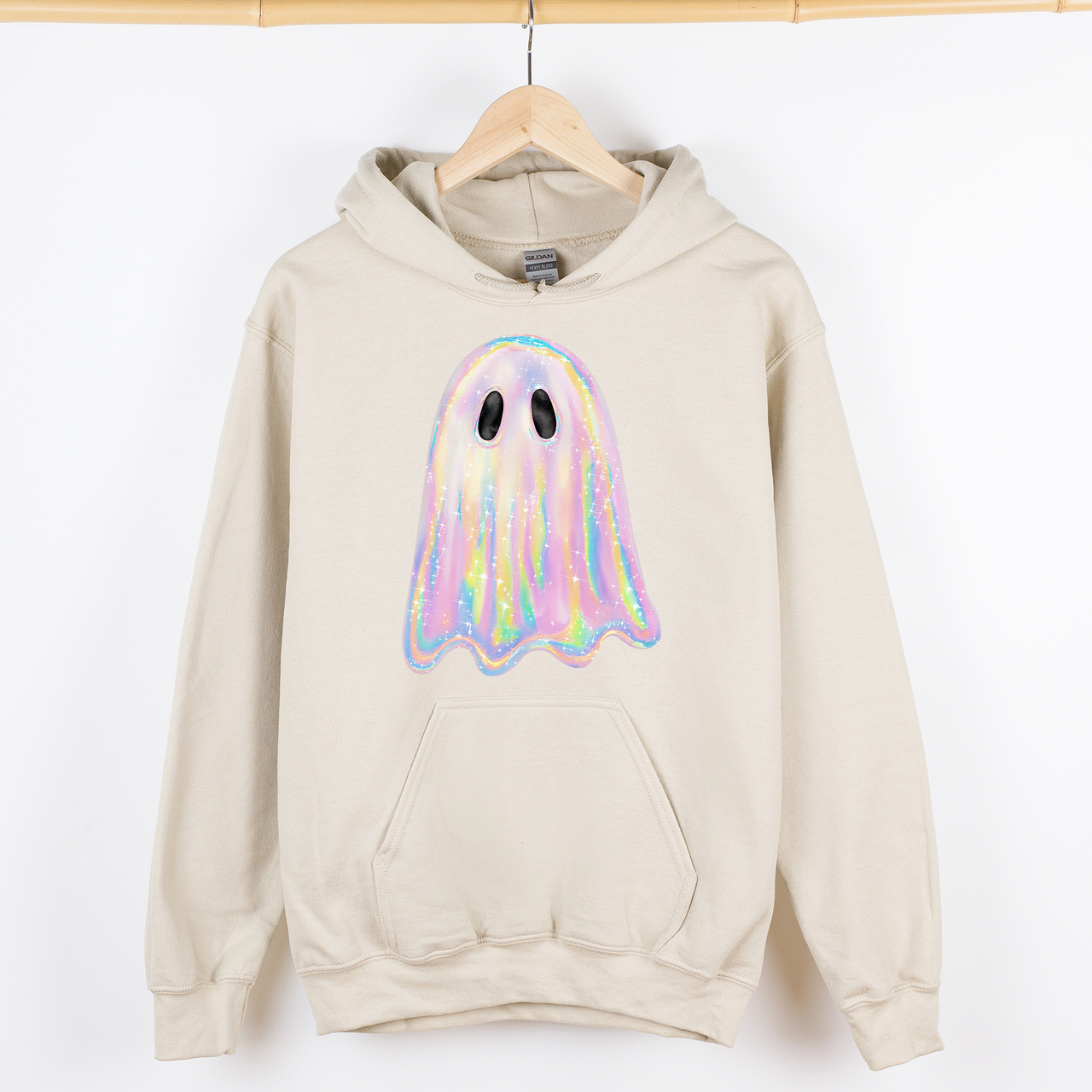 Shimmering Ghost Iridescent Boo Halloween Vintage Vibe Graphic Hooded Sweatshirt