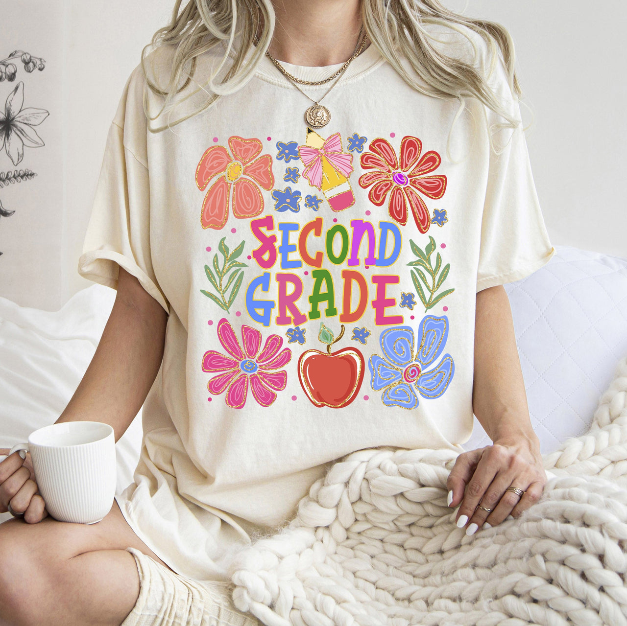 Second Grade Boho Teacher Floral Back To School First Day Of School Teacher Appreciation Comfort Colors Tee