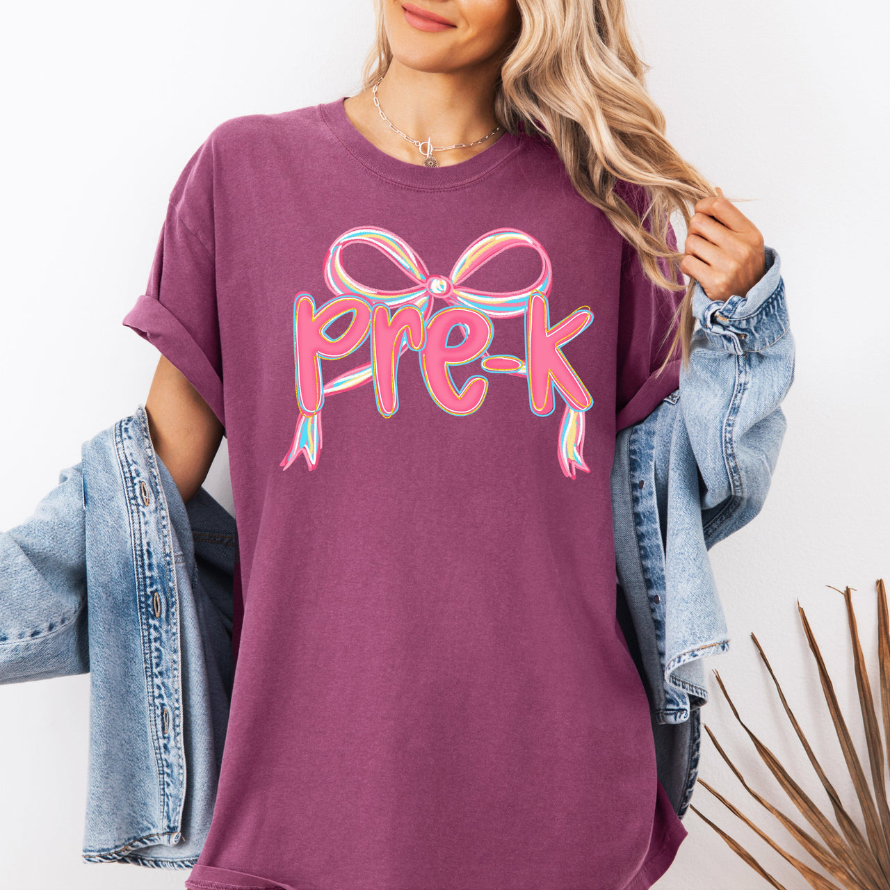 Pre-K Neon Pink Teacher Bow First Day Of School Back To School Coquette Comfort Colors Tee