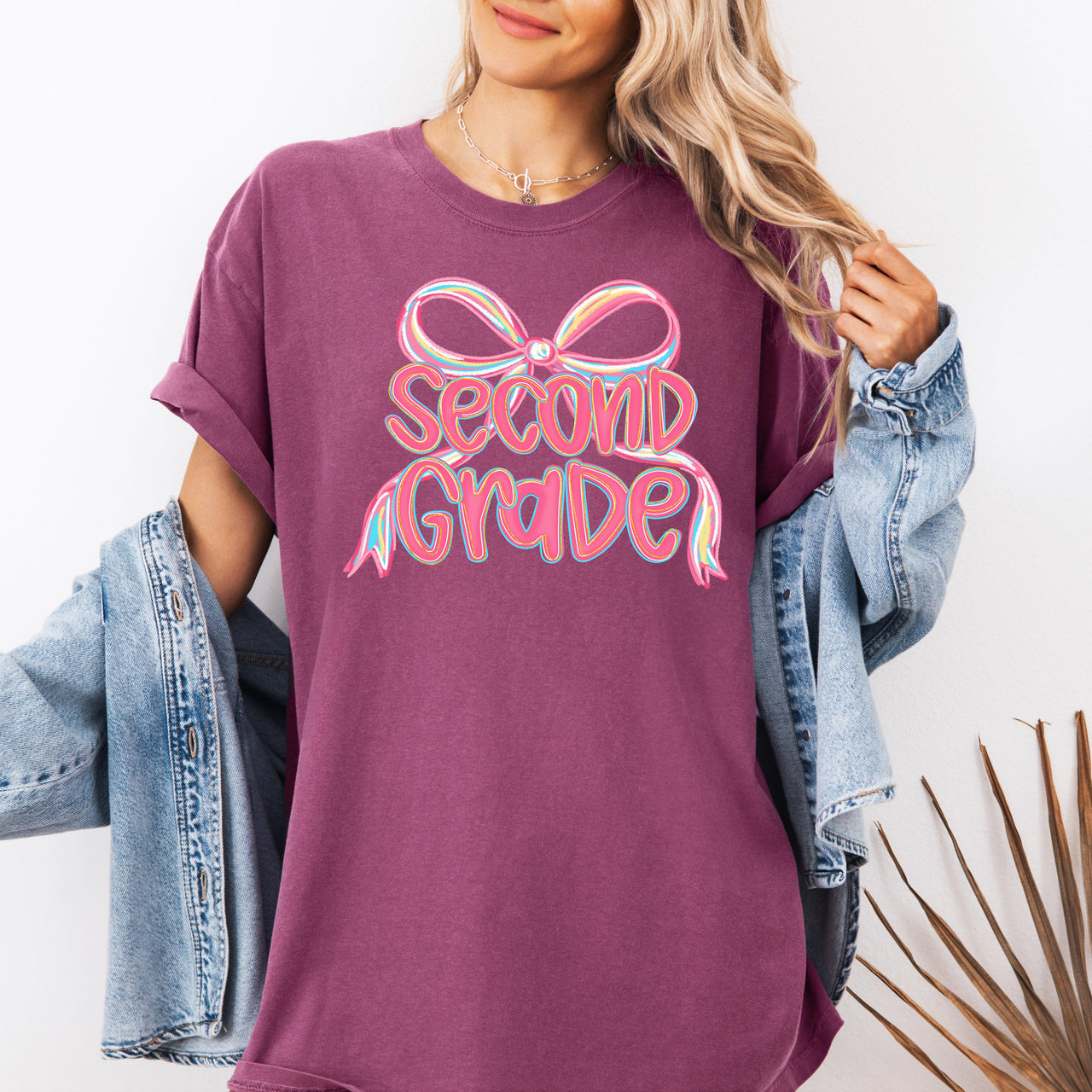 Second Grade Neon Pink Teacher Bow First Day Of School Back To School Coquette Comfort Colors Tee