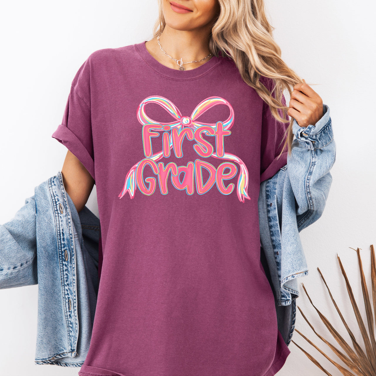 First Grade Neon Pink Teacher Bow Back To School First Day Of School Coquette Comfort Colors Tee