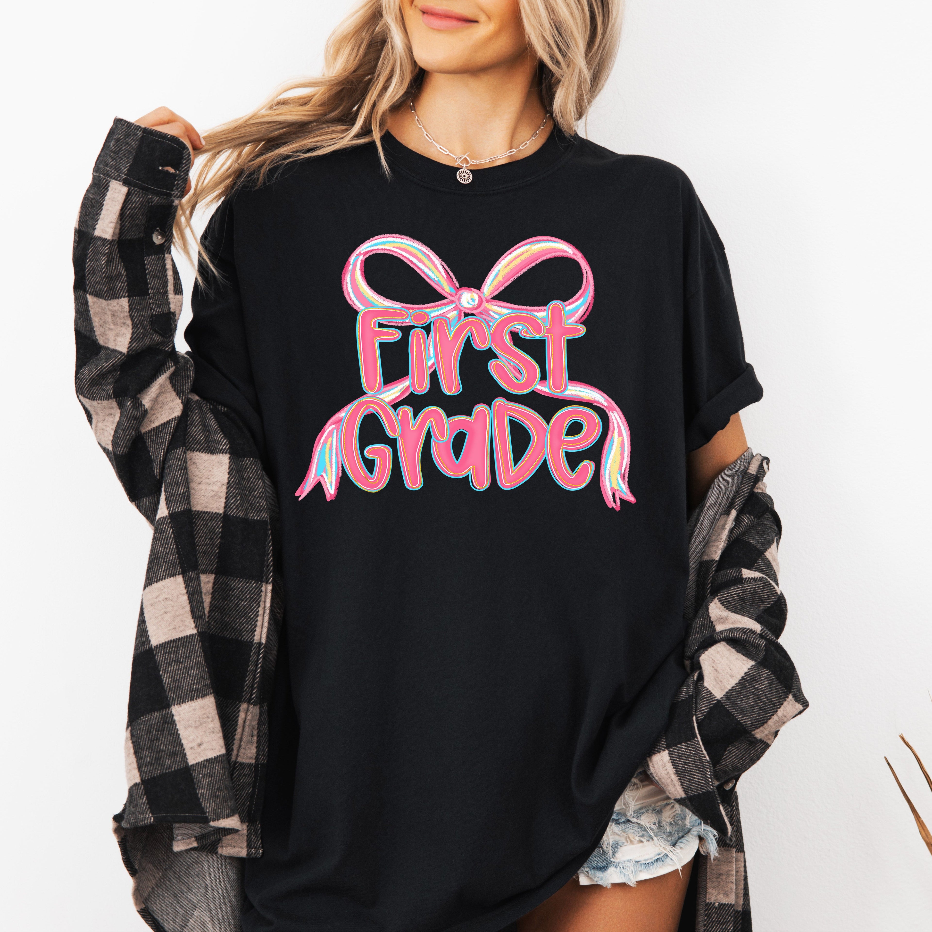 First Grade Neon Pink Teacher Bow Back To School First Day Of School Coquette Comfort Colors Tee