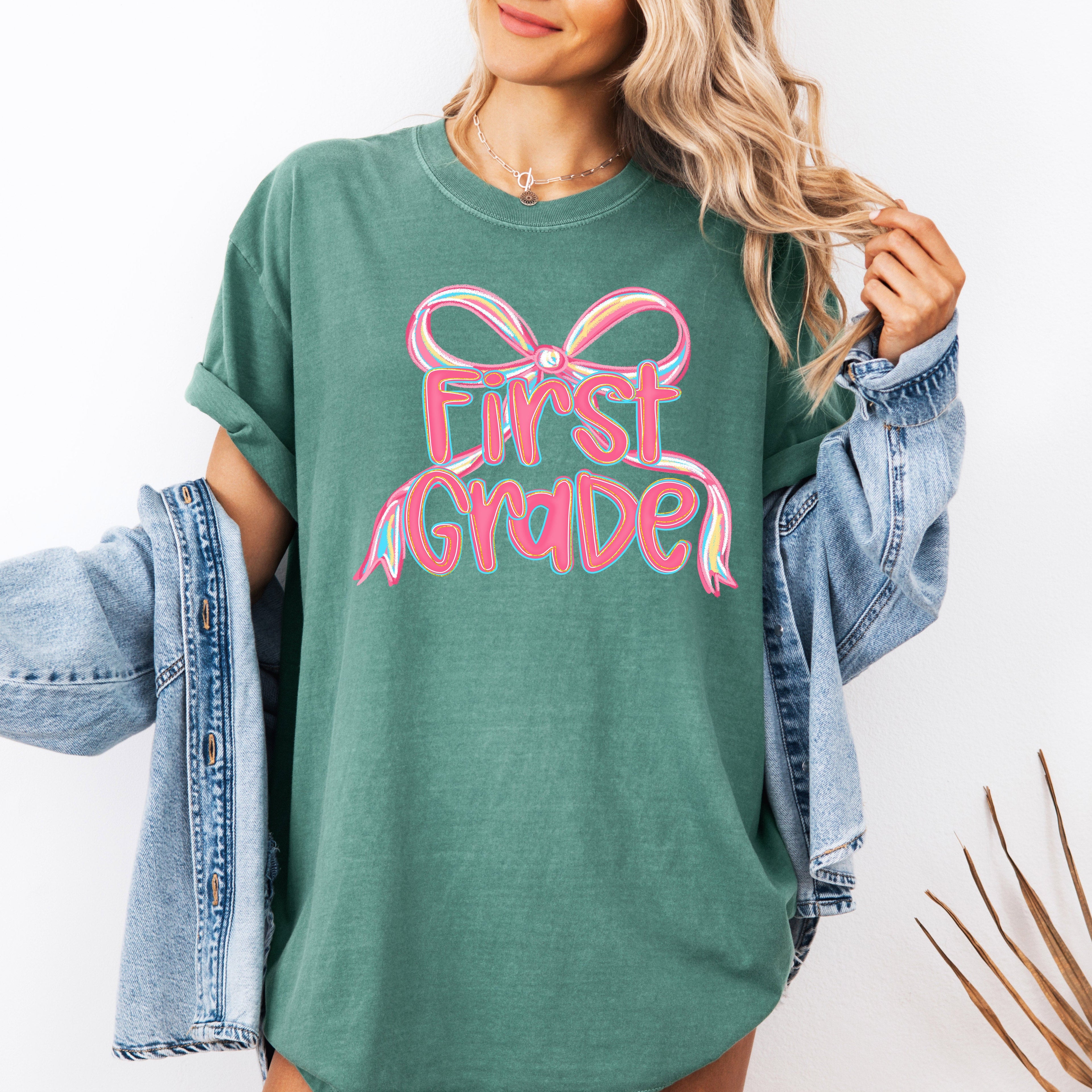 First Grade Neon Pink Teacher Bow Back To School First Day Of School Coquette Comfort Colors Tee