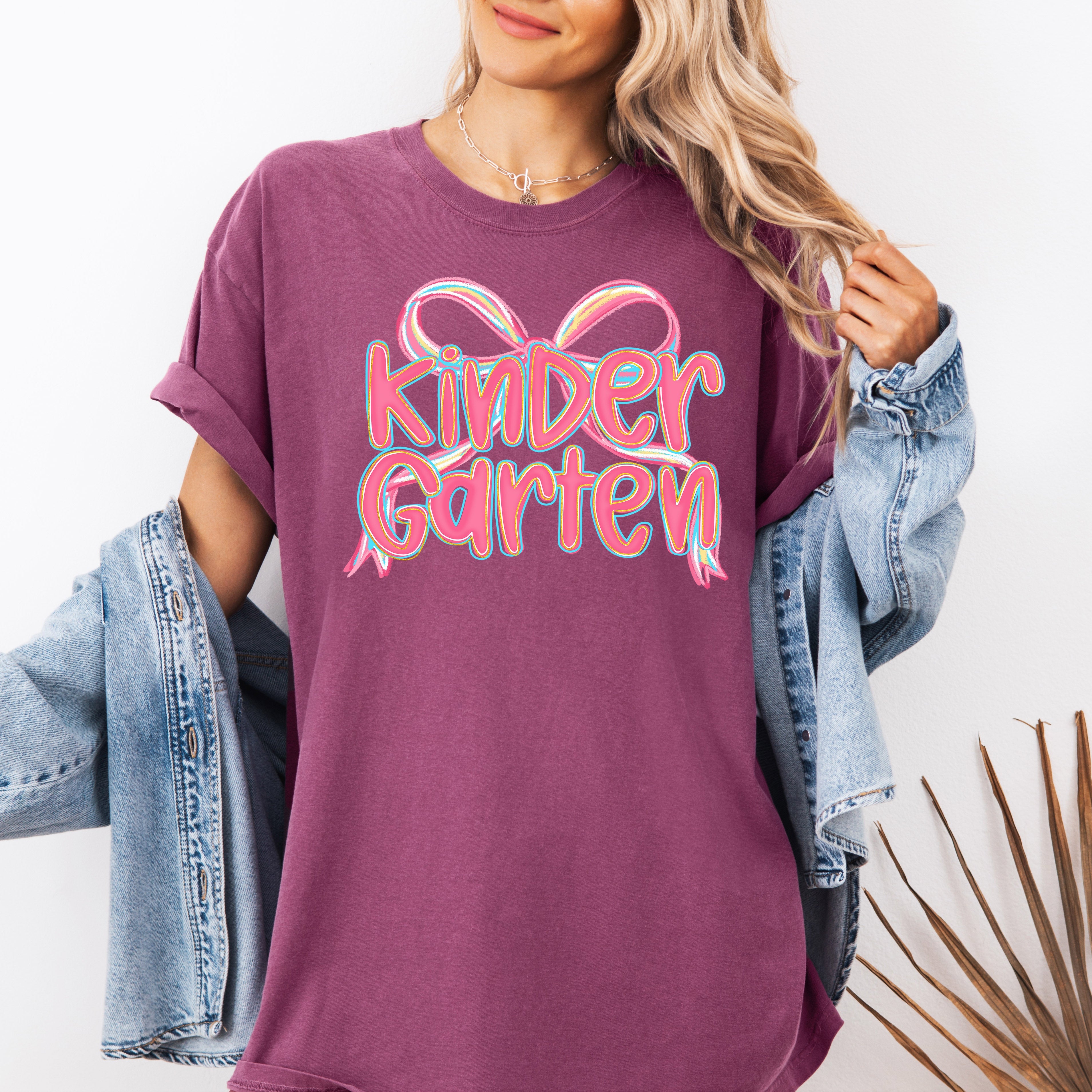 Kindergarten Teacher Back to School Bow Coquette First Day Cheer Comfort Colors Tee