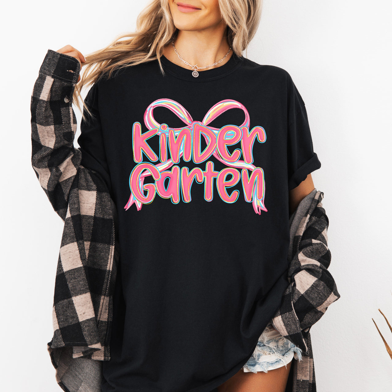 Kindergarten Teacher Back to School Bow Coquette First Day Cheer Comfort Colors Tee