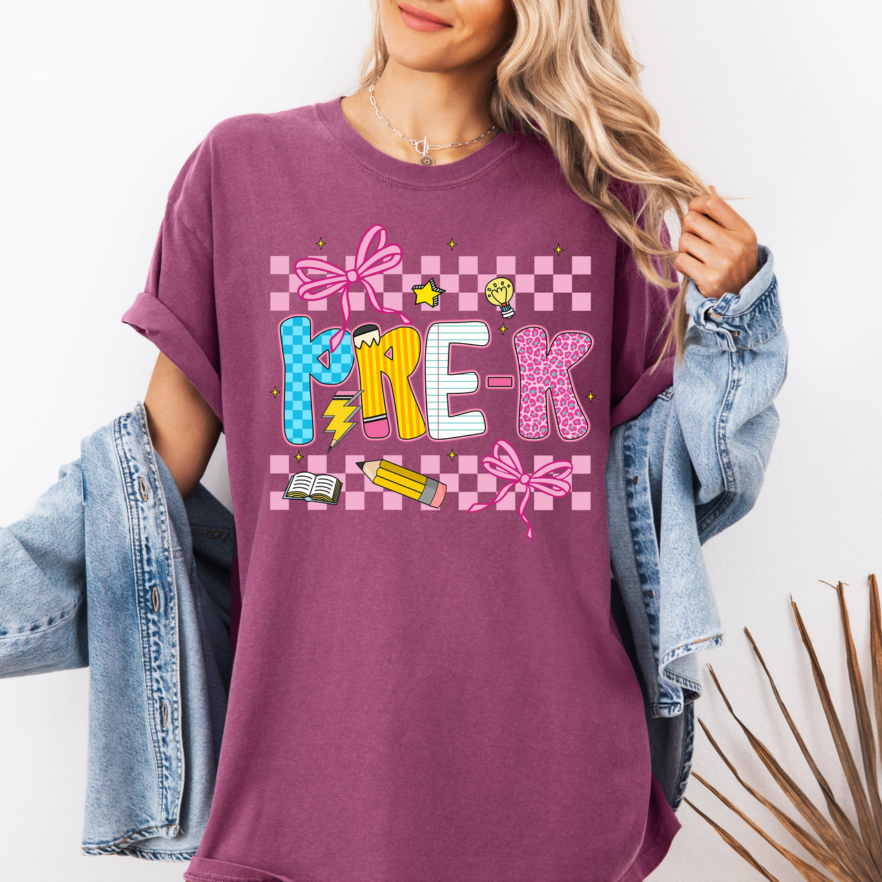 Pre-K Teacher Checkered Bow First Day Back To School Cute Teacher Appreciation Comfort Colors Tee